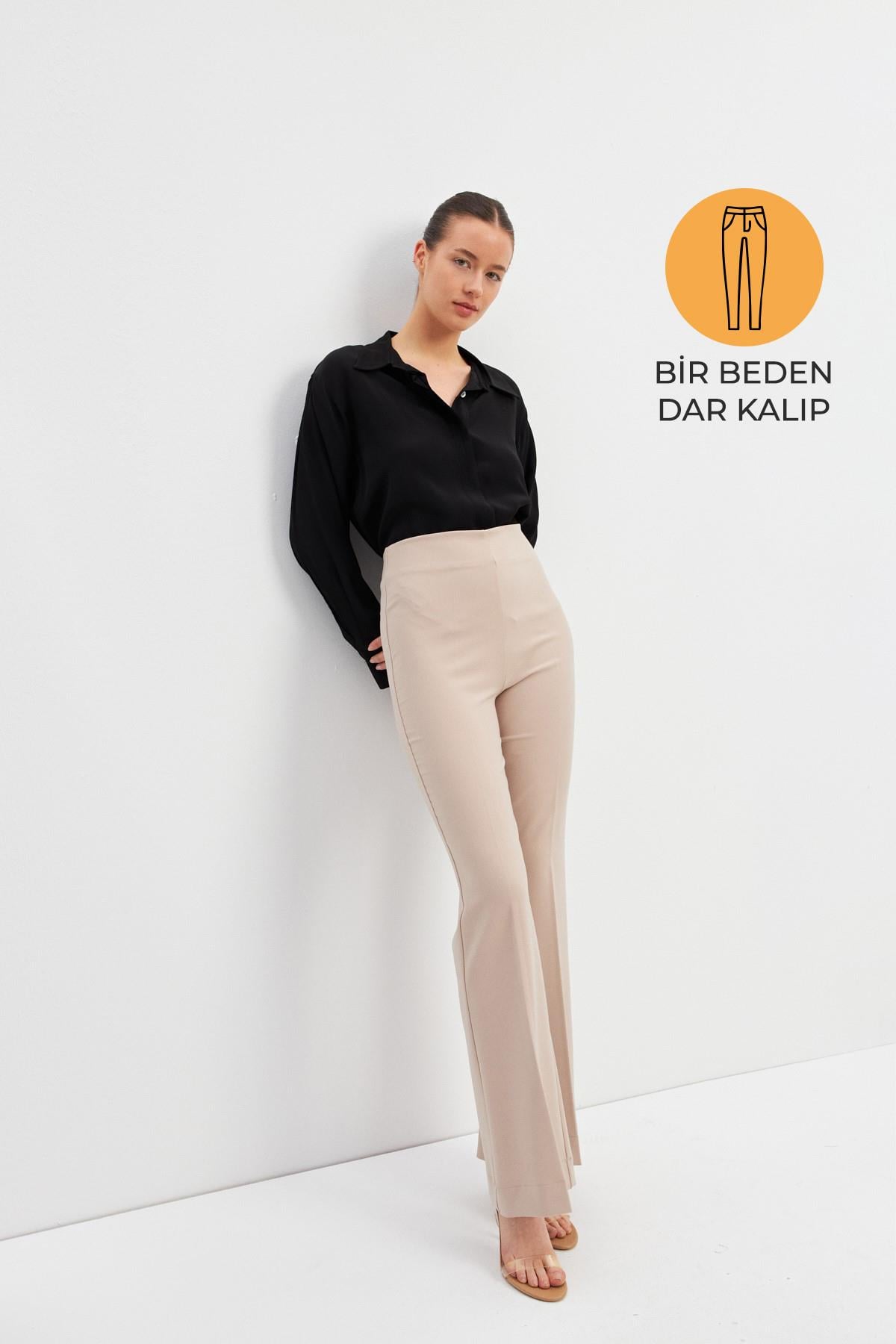 Koyu Bej Dar Kalıp Bol Paça Pantolon
