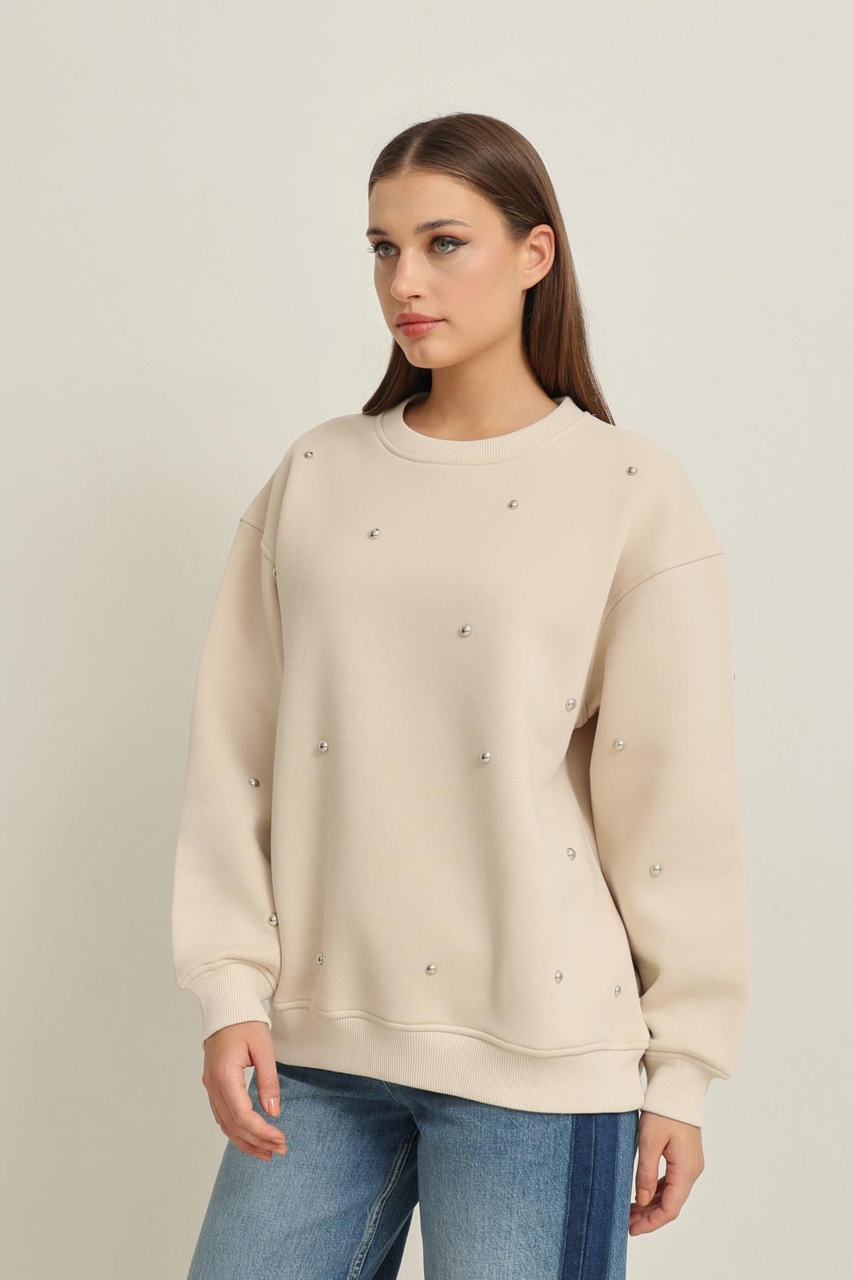Krem Bisiklet Yaka Taş Detaylı Uzun Kollu Sweatshirt Kadın Kategorisiz modelleri