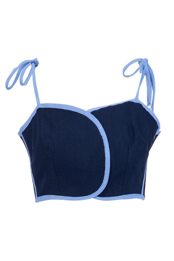 Lacivert-Mavi Omuzlardan Bağlama Detaylı Askı Crop Bluz Kadın Bluz modelleri