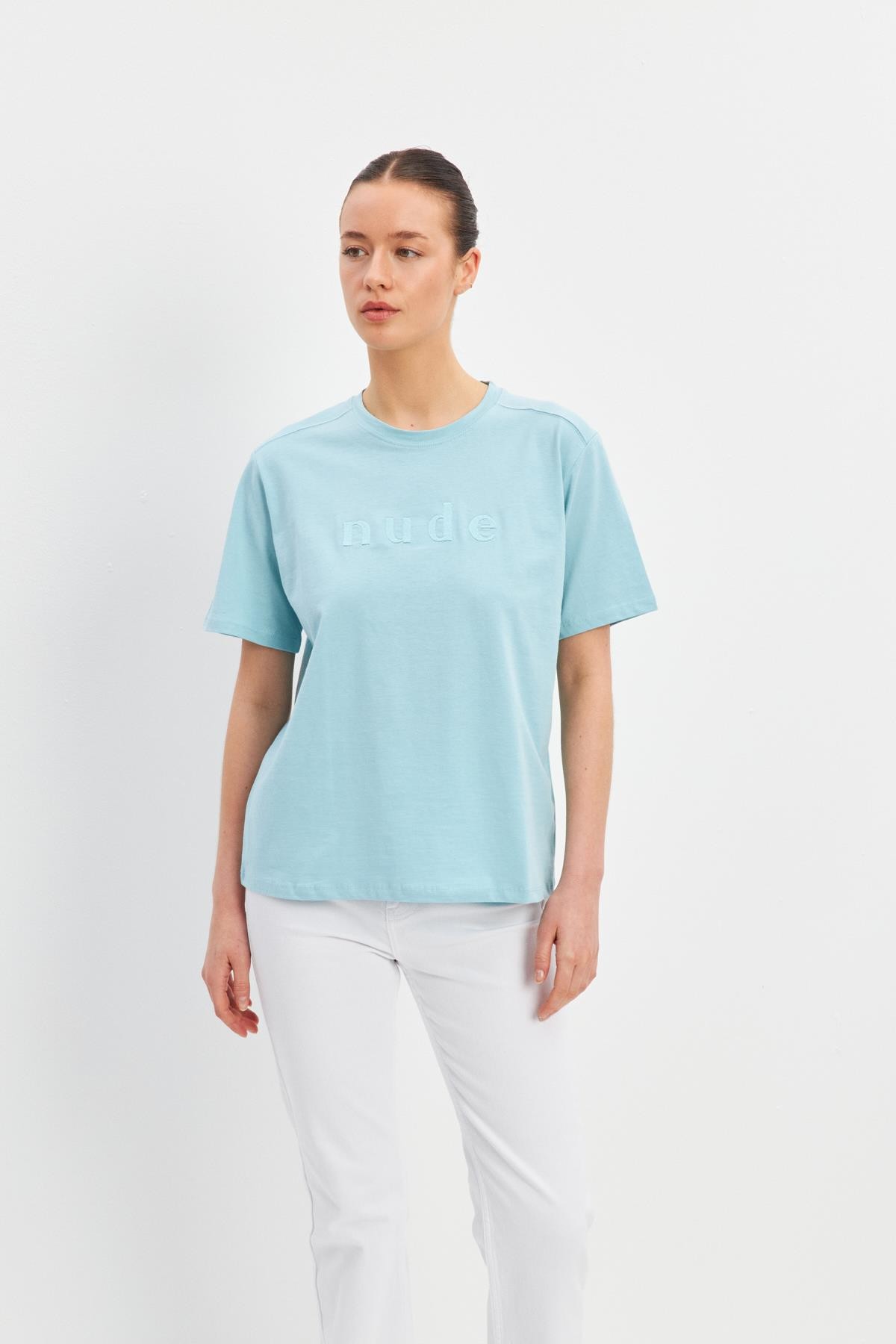 Mavi Baskı Detaylı Bisiklet Yaka Basic T-Shirt Kadın T-Shirt modelleri