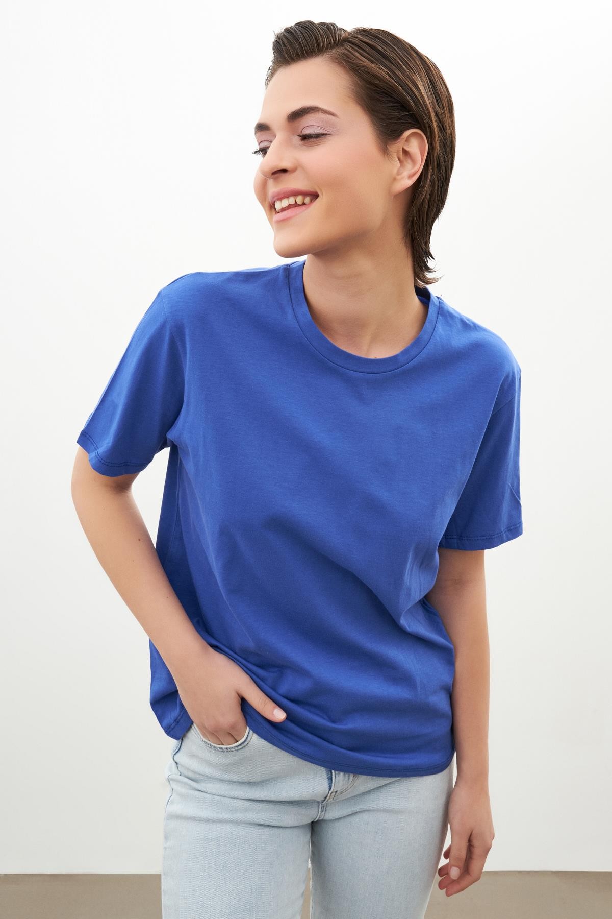 Mavi Bisiklet Yaka Düz T-Shirt