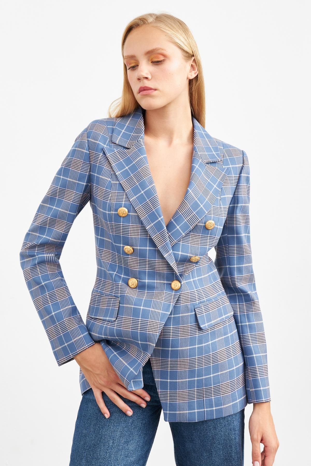 Mavi Çizgi Desenli Blazer Ceket