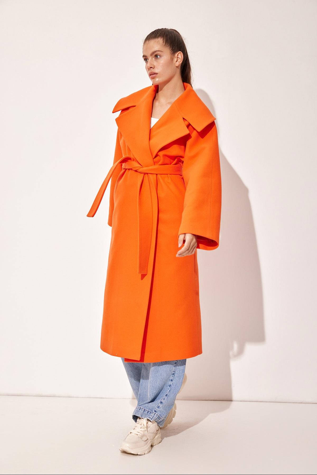 Oranj Oversize Bağlamalı Kaşe Kaban Kadın Kaban modelleri