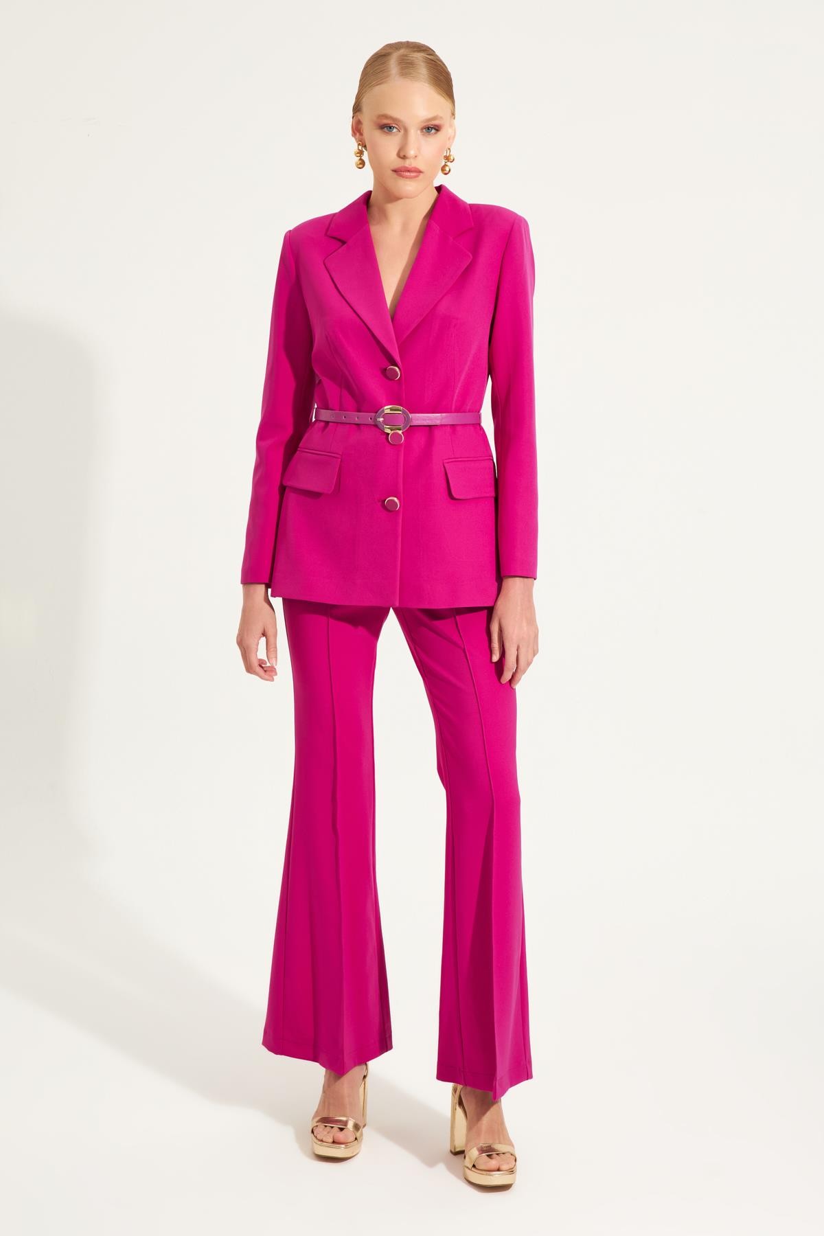 Orkide Ceket Yaka Düğme Kapamalı Ve Kemer Detaylı Ceket İspanyol Paça Tam Bel Pantolon