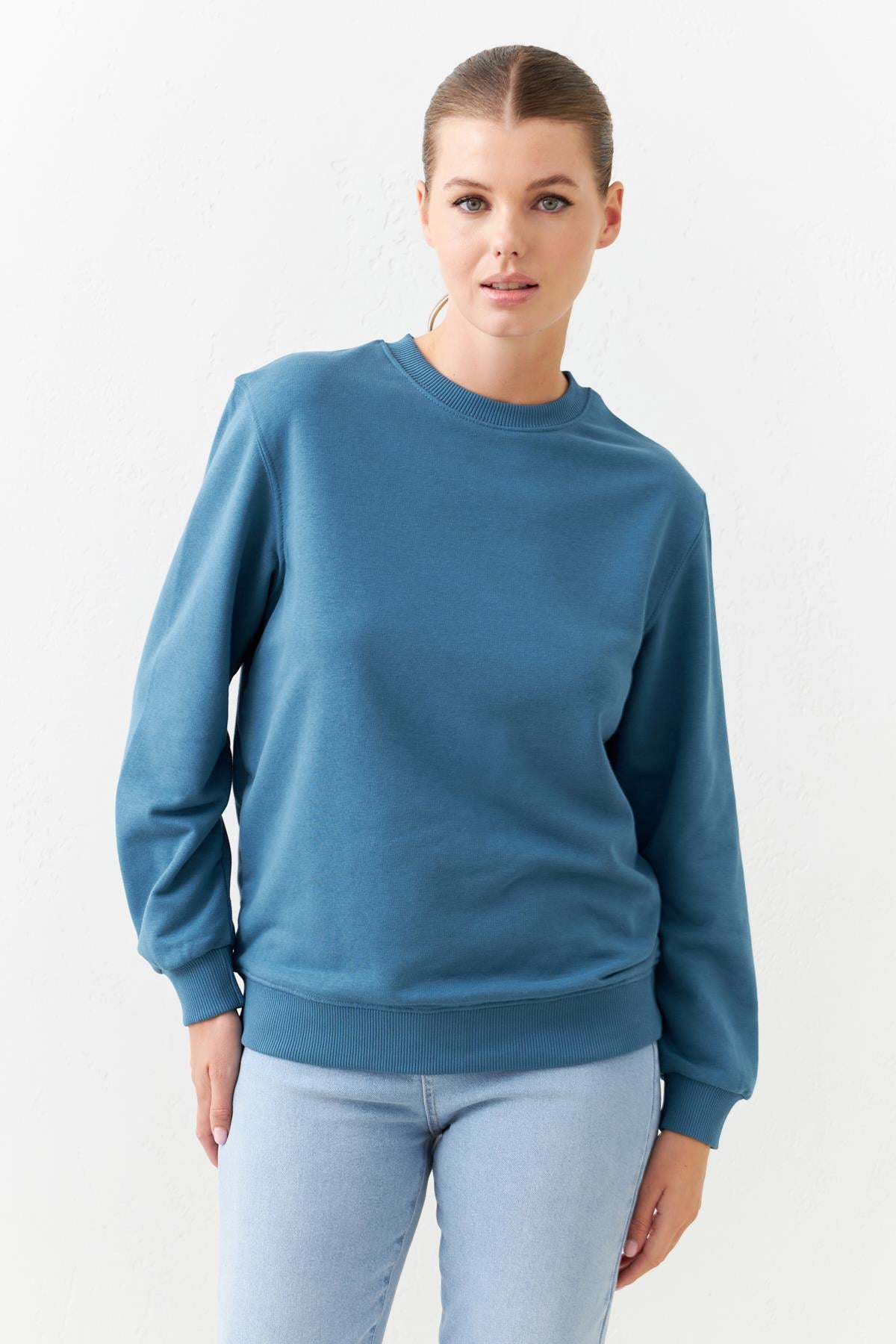 Petrol Basic Bisiklet Yaka Uzun Kollu Sweatshirt