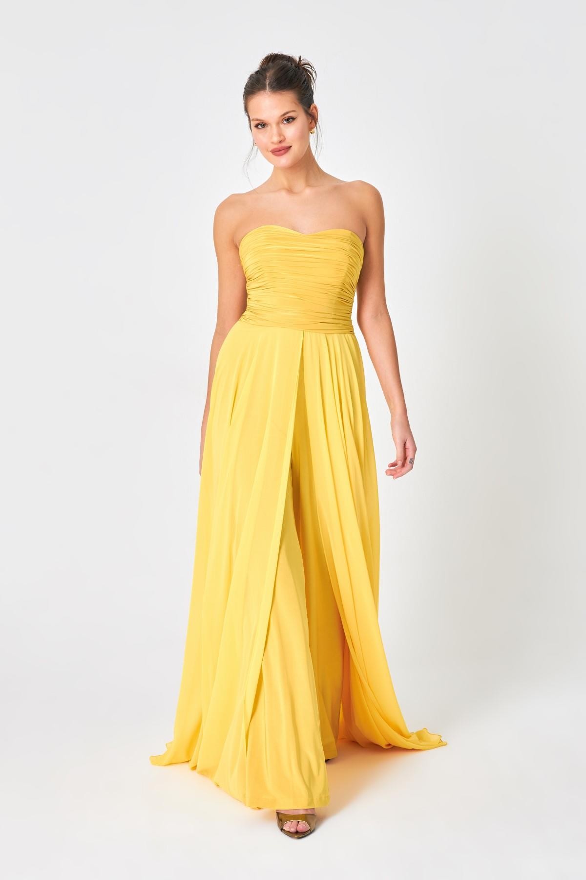 Sarı Straplez Drape Ve Tül Detaylı Maxi Boy Abiye Elbise