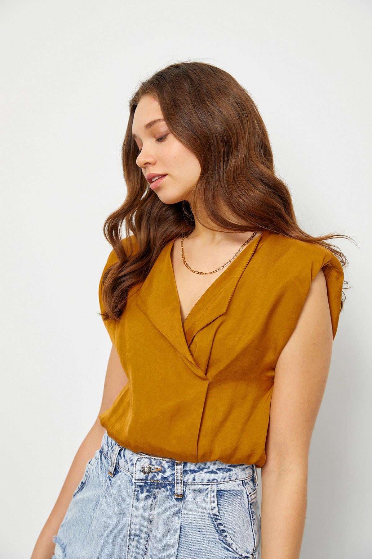 Şeftali Beli Lastikli Kruvaze Crop Bluz