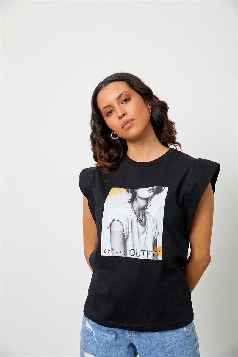 Siyah Baskılı Bisiklet Yaka T-ShirtST060S71160005