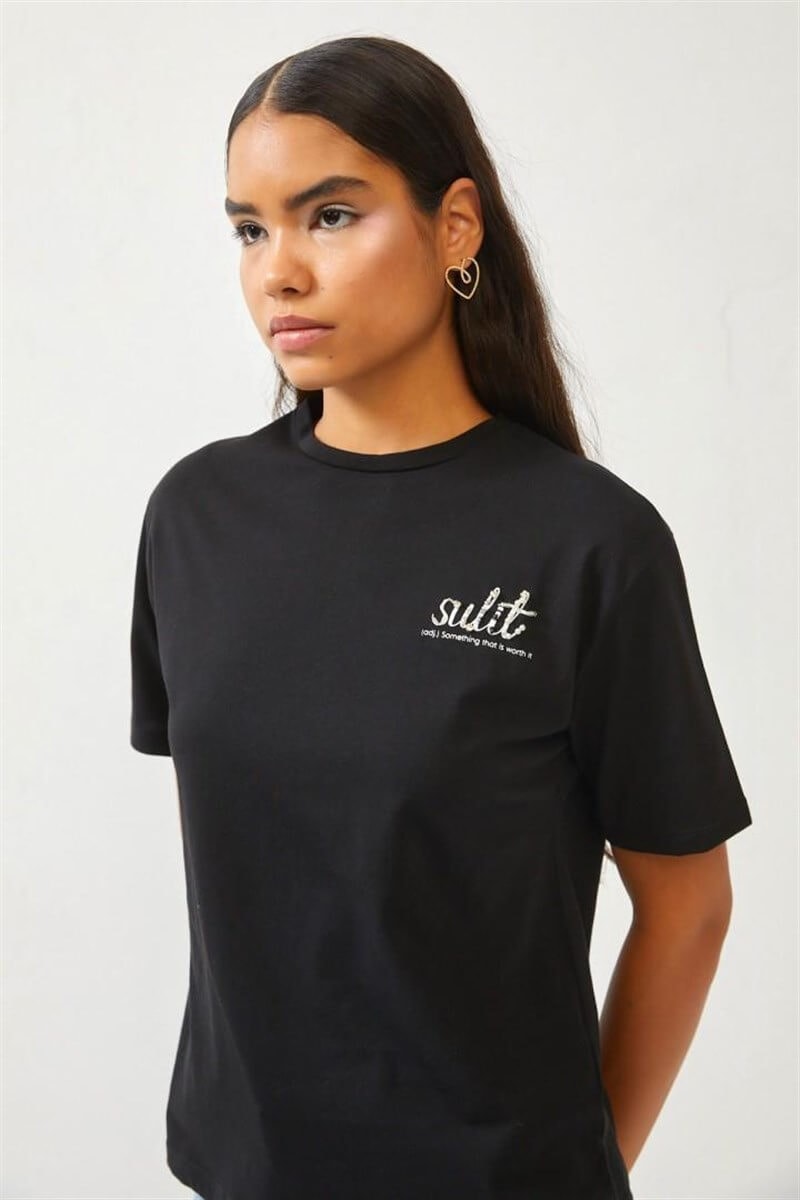 Siyah Baskılı Bisiklet Yaka T-ShirtST060S71252001