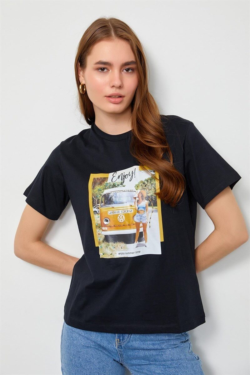 Siyah Baskılı Kısa Kol T-Shirt