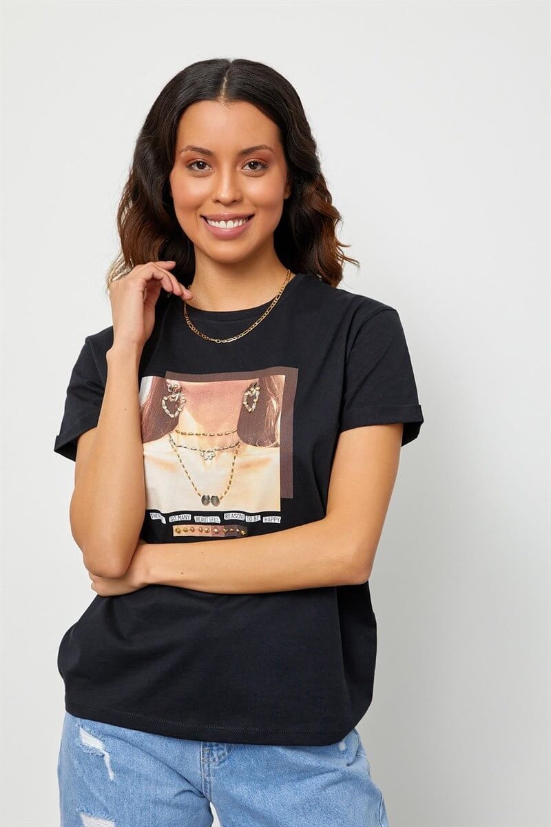 Siyah Baskılı Kısa Kol T-ShirtST060S71190015