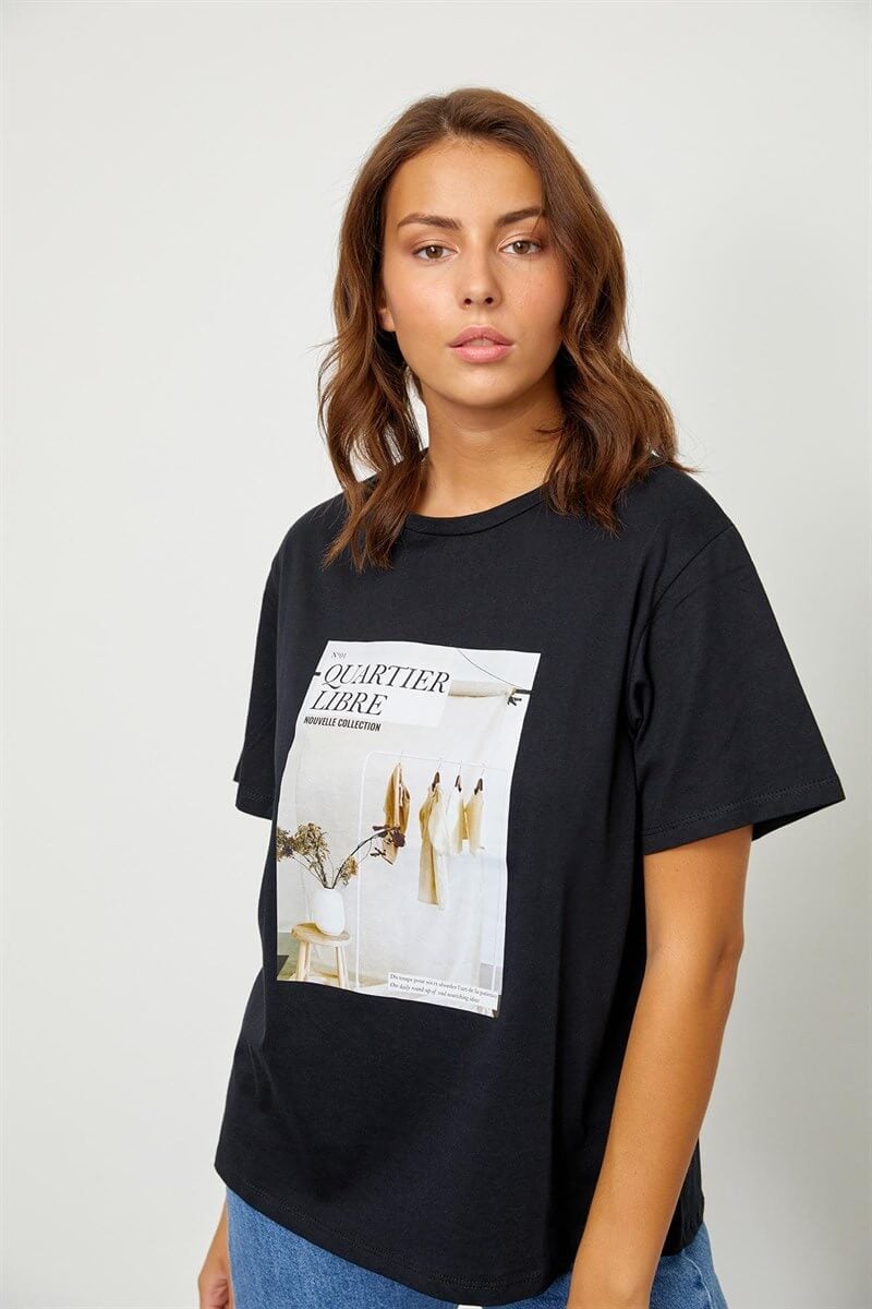 Siyah Baskılı Kısa Kol T-Shirt