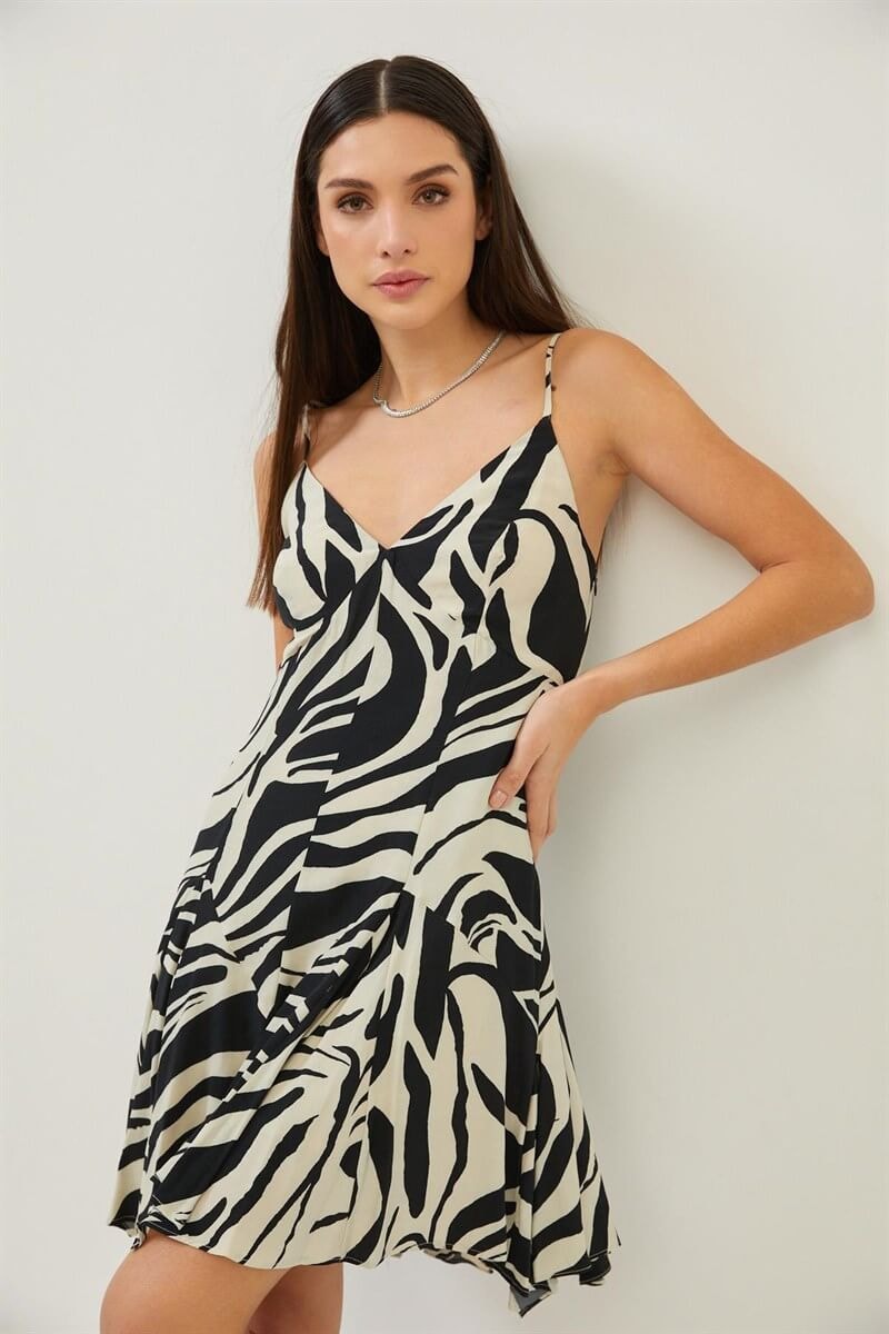 Siyah-Bej Zebra Desen A Kesim V Yaka Mini ElbiseST060S40122201