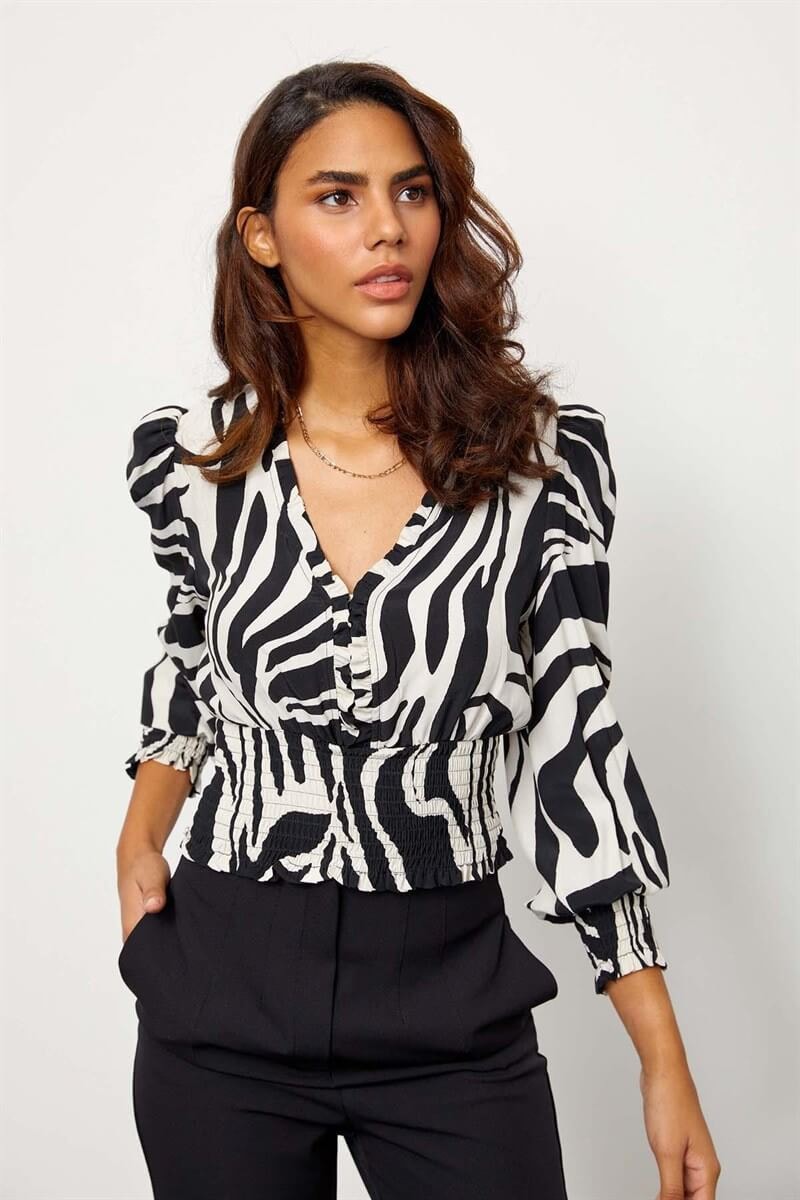 Siyah-Beyaz V Yaka Zebra BluzST060S30563003