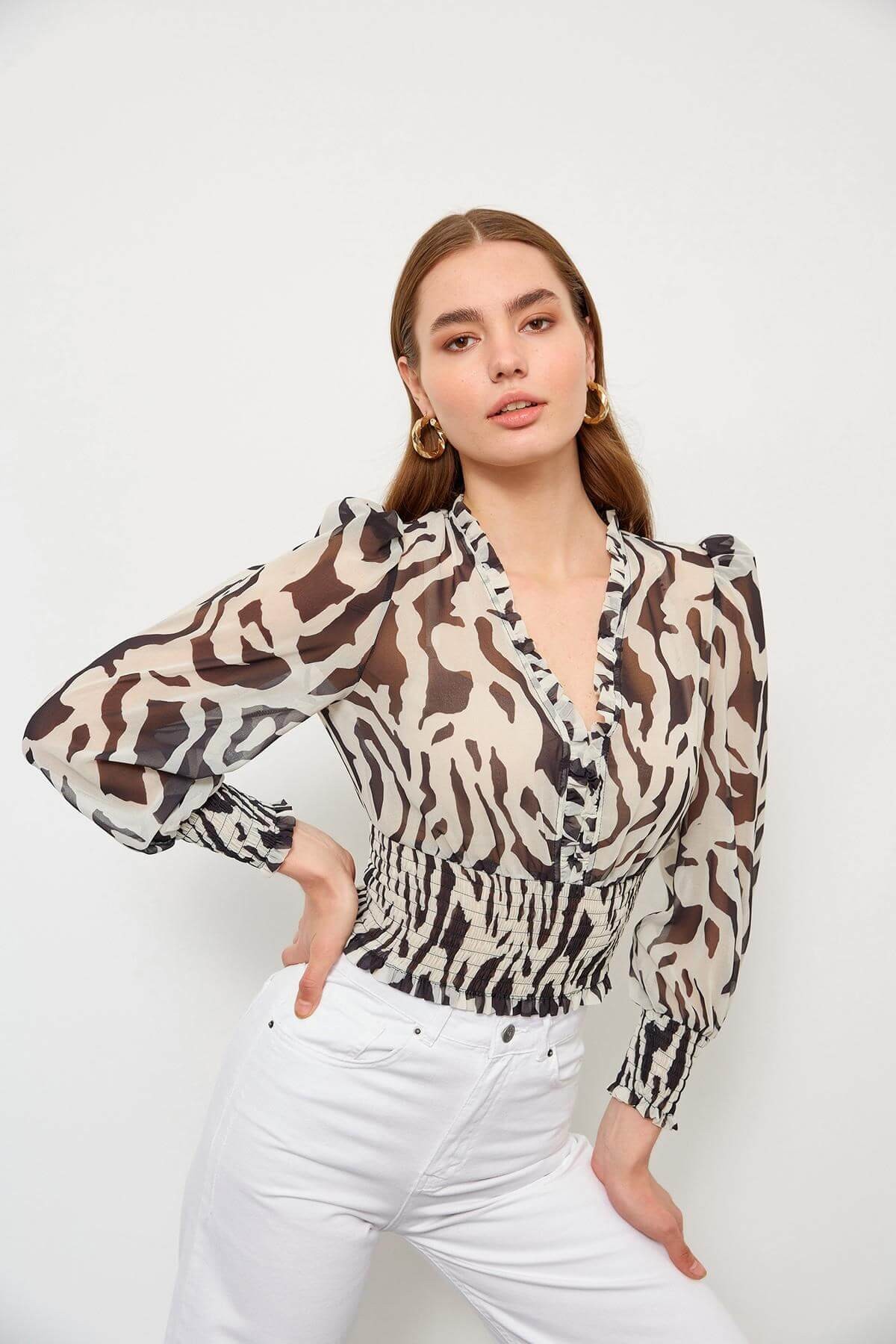 Siyah-Beyaz V Yaka Zebra BluzST060S30563002