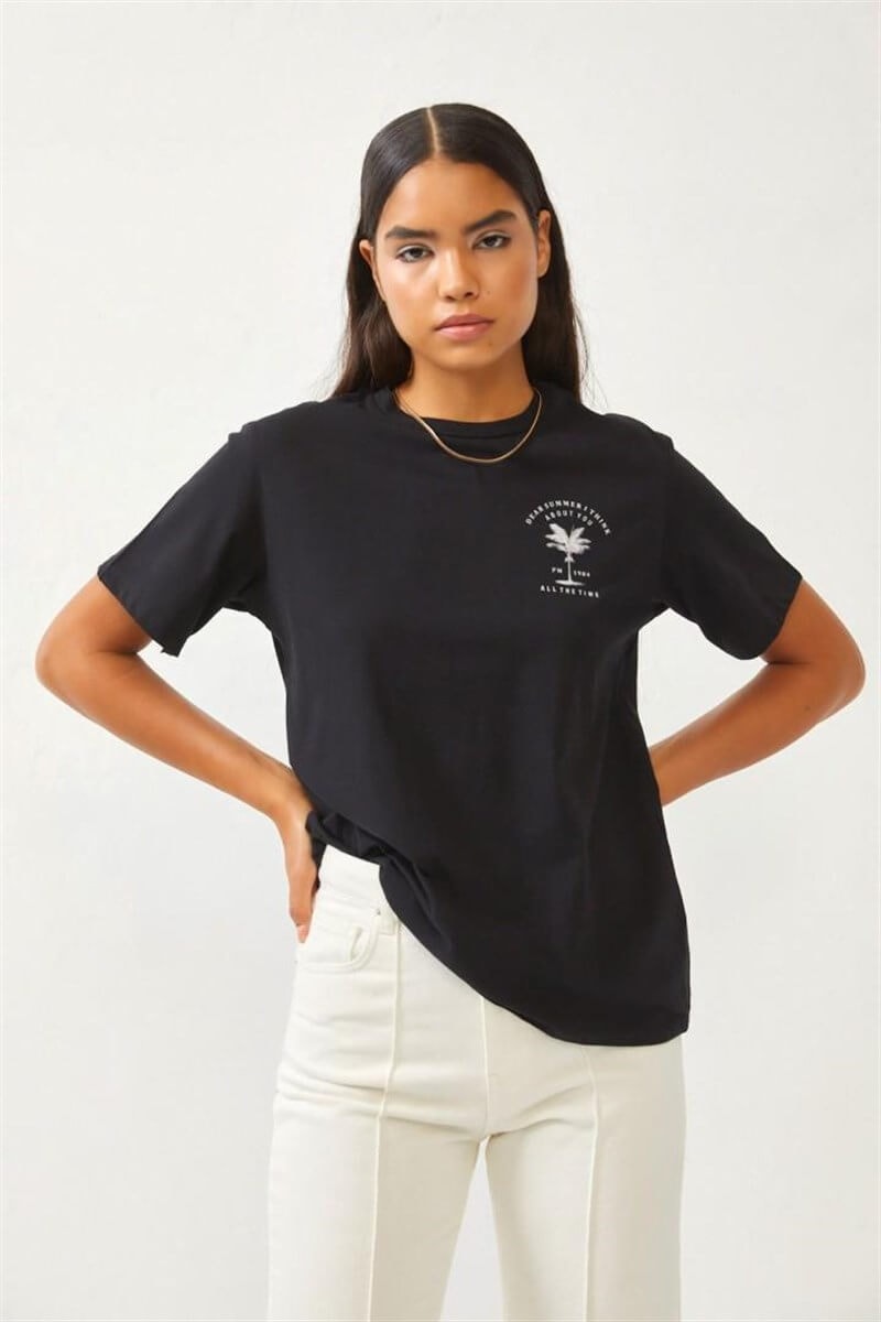 Siyah Bisiklet Yaka Baskılı T-ShirtST060S71270001