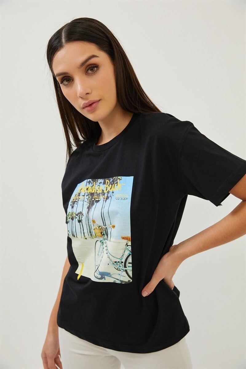 Siyah Dijital Baskı Detaylı Bisiklet Yaka T-ShirtST070S71287001
