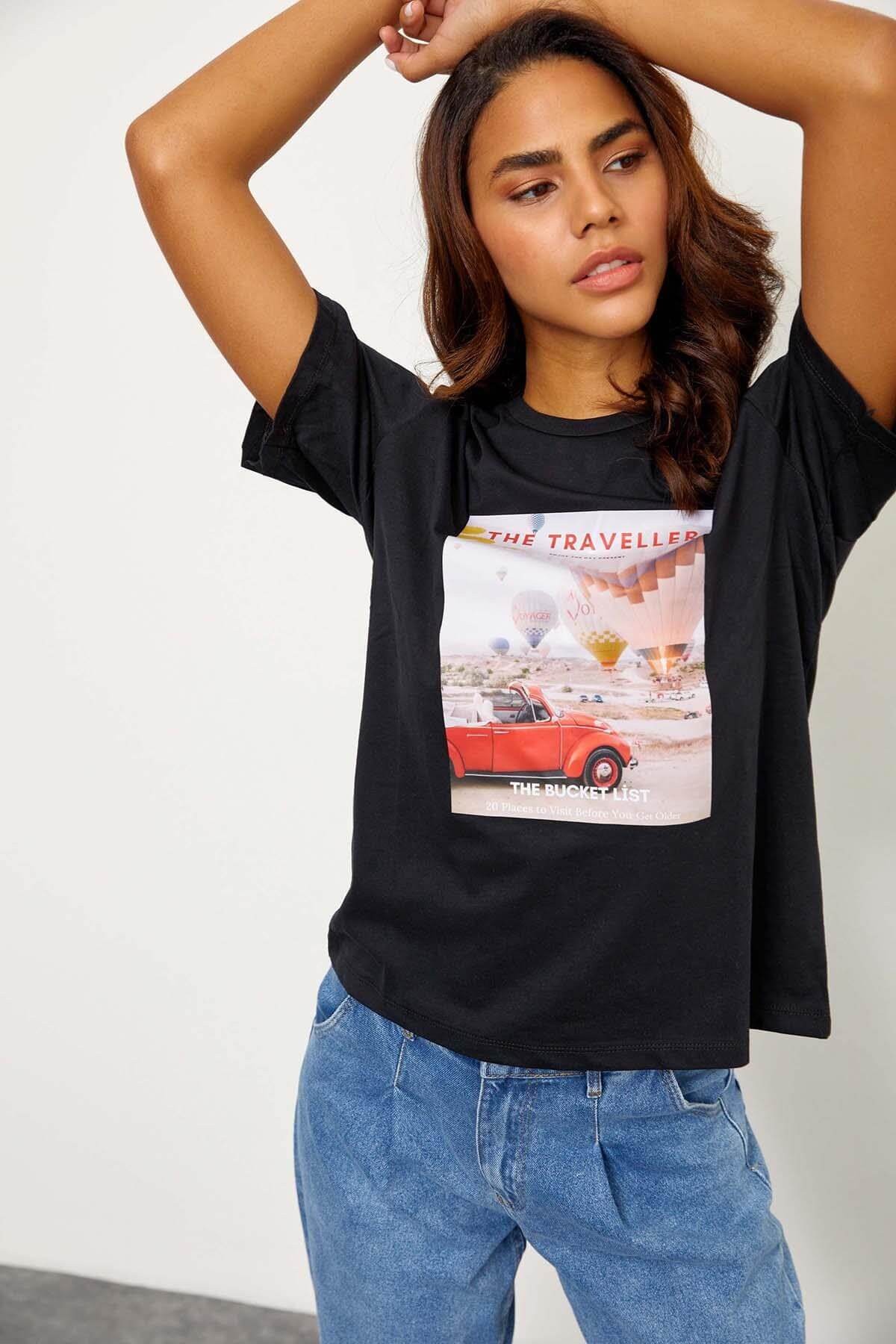 Siyah Kısa Kol Baskılı T-ShirtST060S71243007