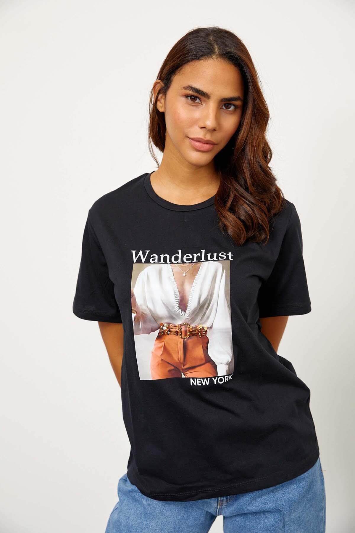Siyah Kısa Kol Baskılı T-ShirtST060S71243003