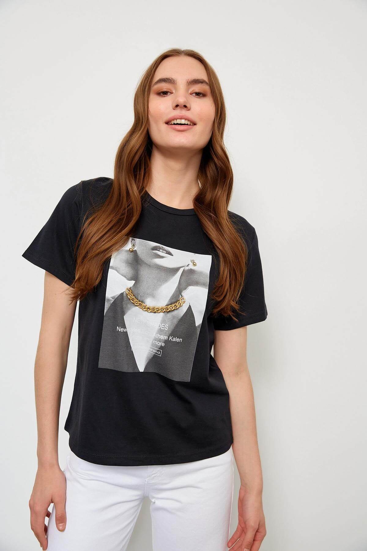 Siyah Kısa Kol Baskılı T-ShirtST060S71234001