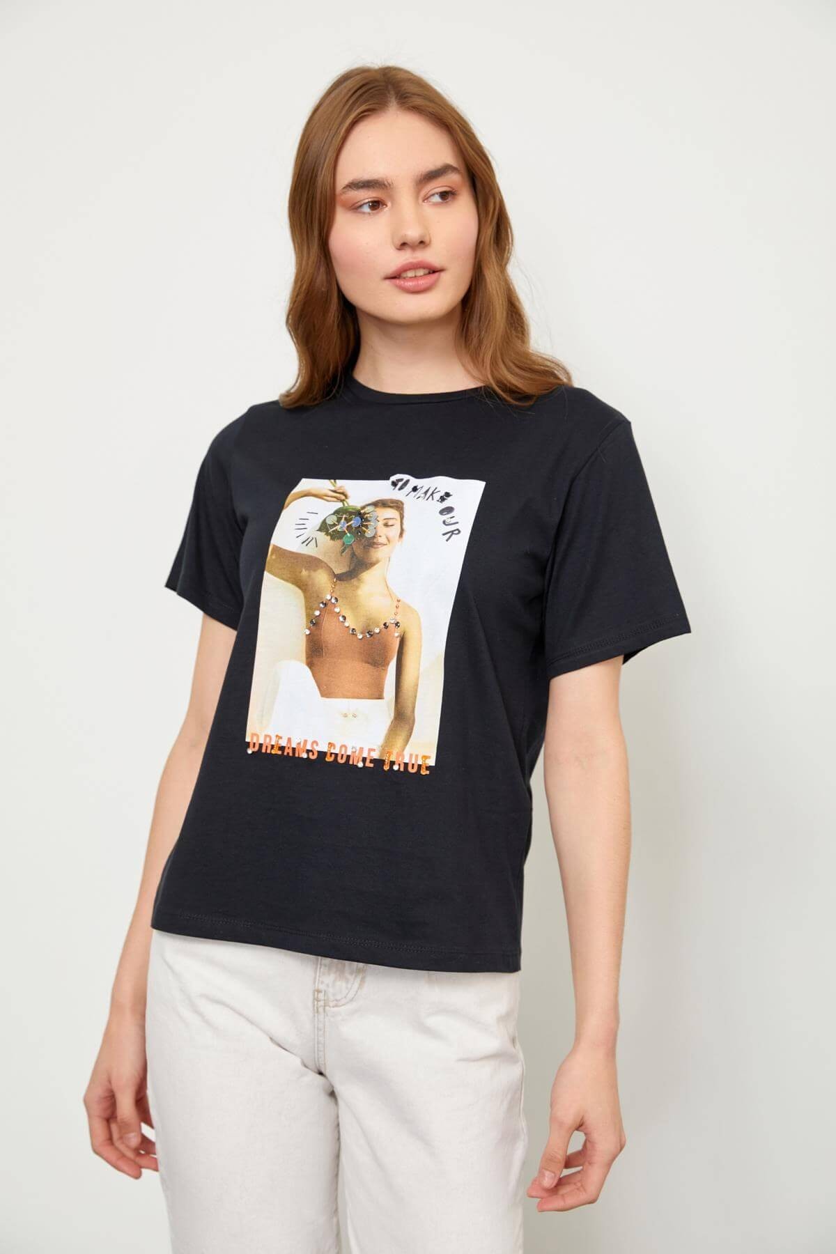 Siyah Kısa Kol Baskılı T-Shirt