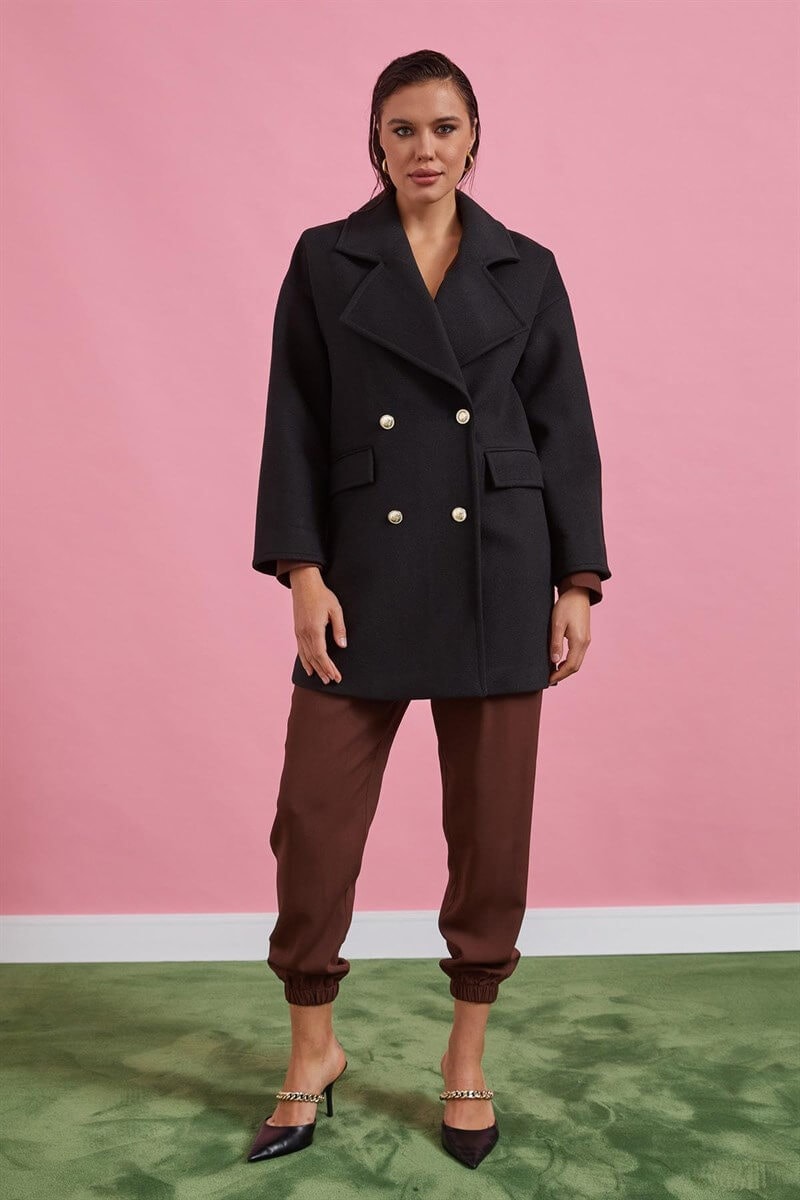Siyah Kruvaze Oversize Kaşe Kaban