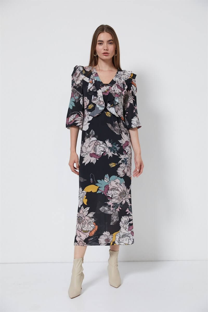 Siyah V Yaka Midi Floral Desen ElbiseST060W40121901