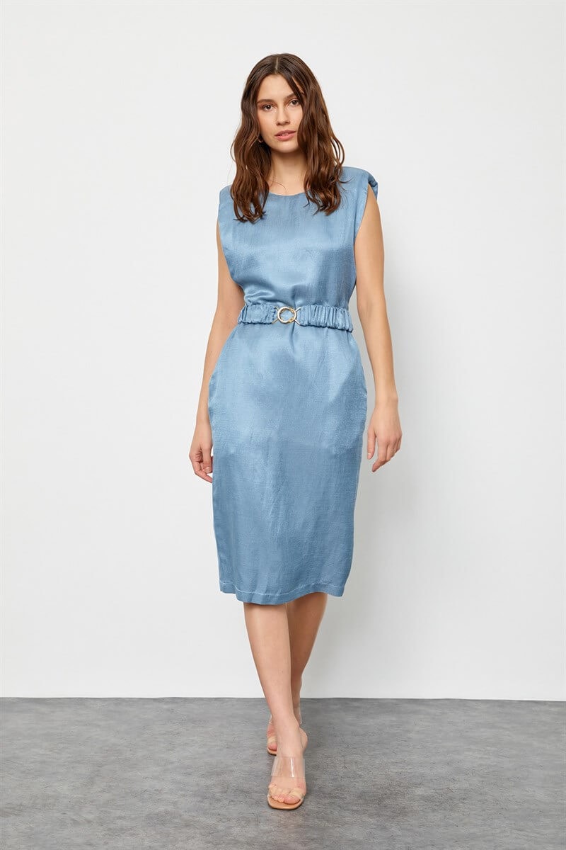 Tozlu Mavi Keten Rayon Kemerli Parlak ElbiseST060S4097601