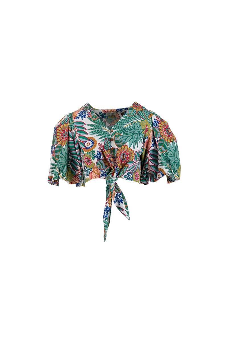 Yeşil Floral Desenli Balon Kollu Kruvaze Crop BluzST070S30799001