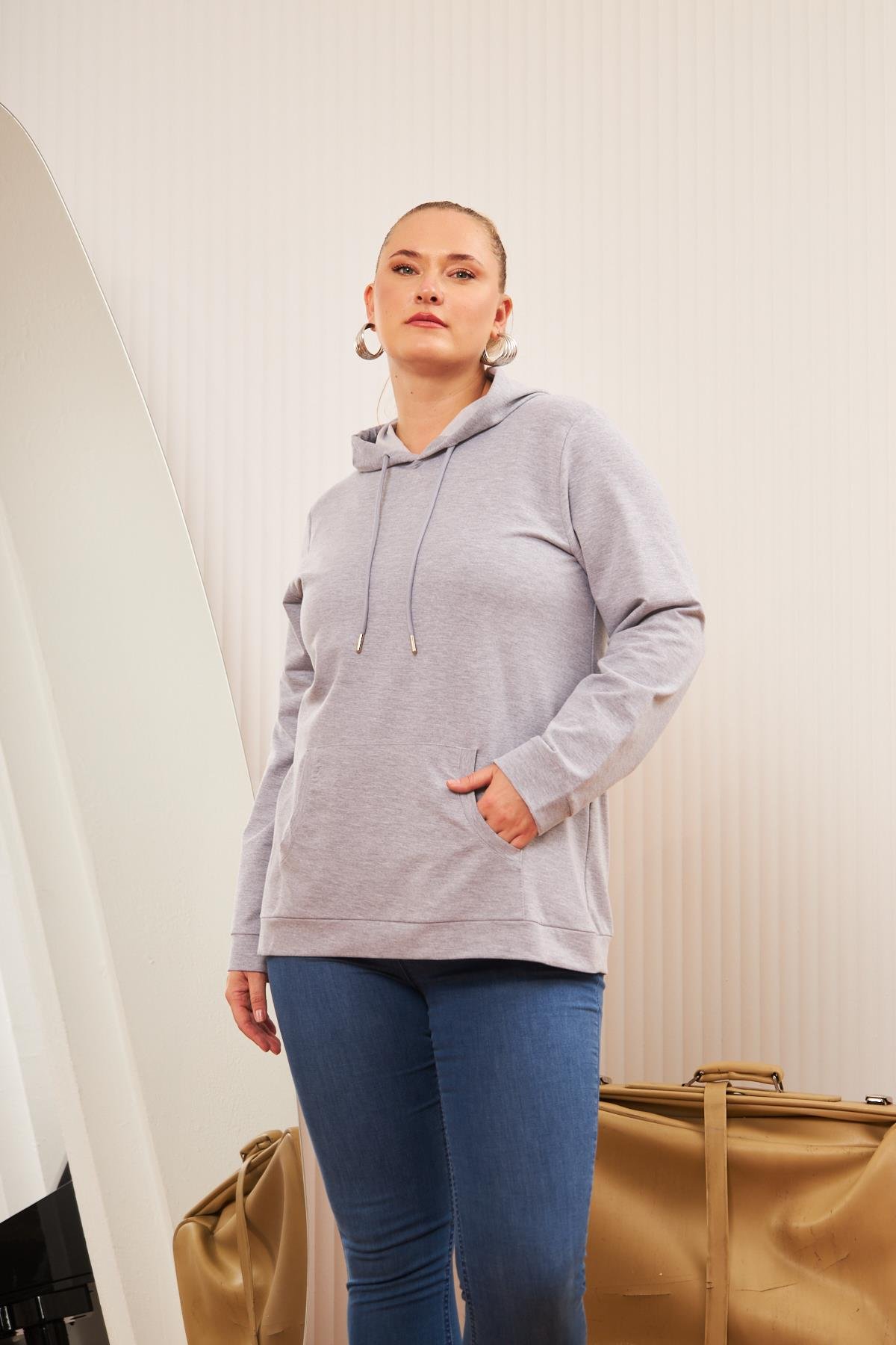 Rmg Kapşonlu Büyük Beden Gri Sweatshirt