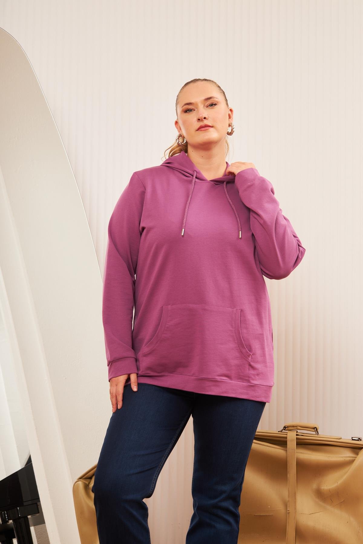 Rmg Kapşonlu Büyük Beden Mürdüm Sweatshirt