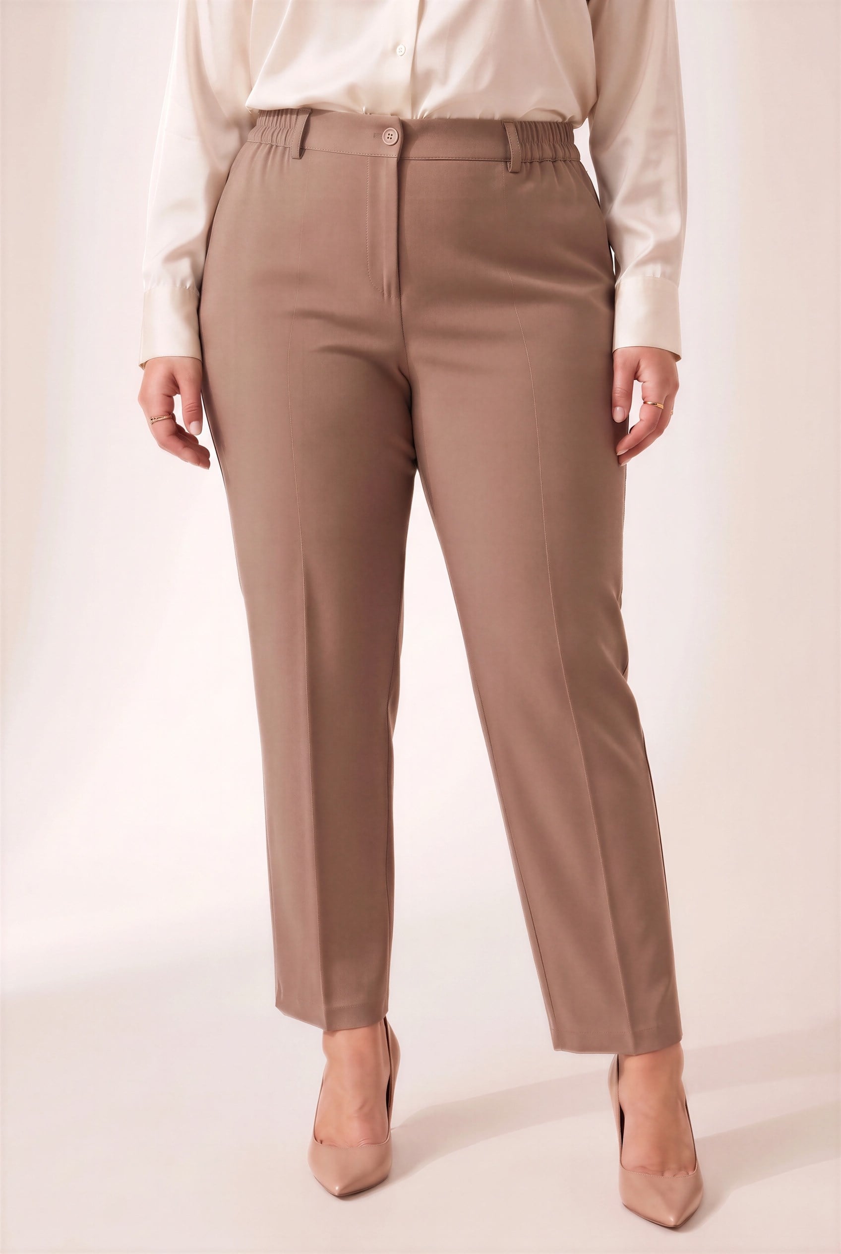 Beli Lastikli Büyük Beden Gabardin Geniş Paça Pantolon Vizon - RMG