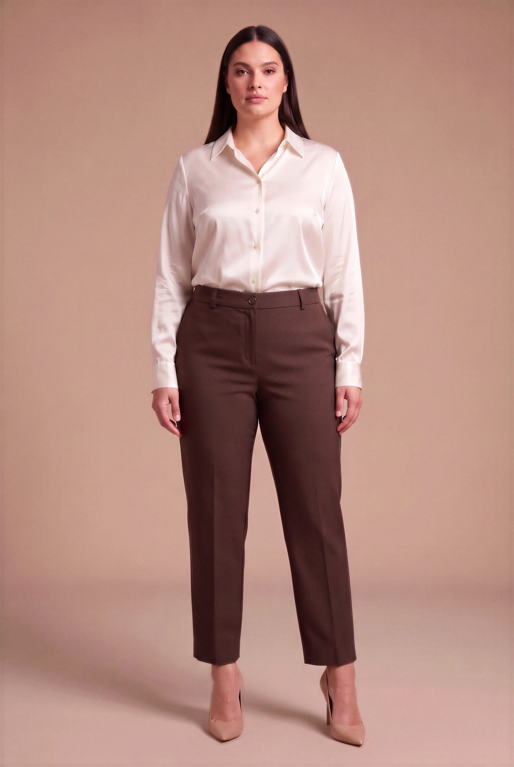 Beli Lastikli Büyük Beden Gabardin Geniş Paça Pantolon Kahve - RMG