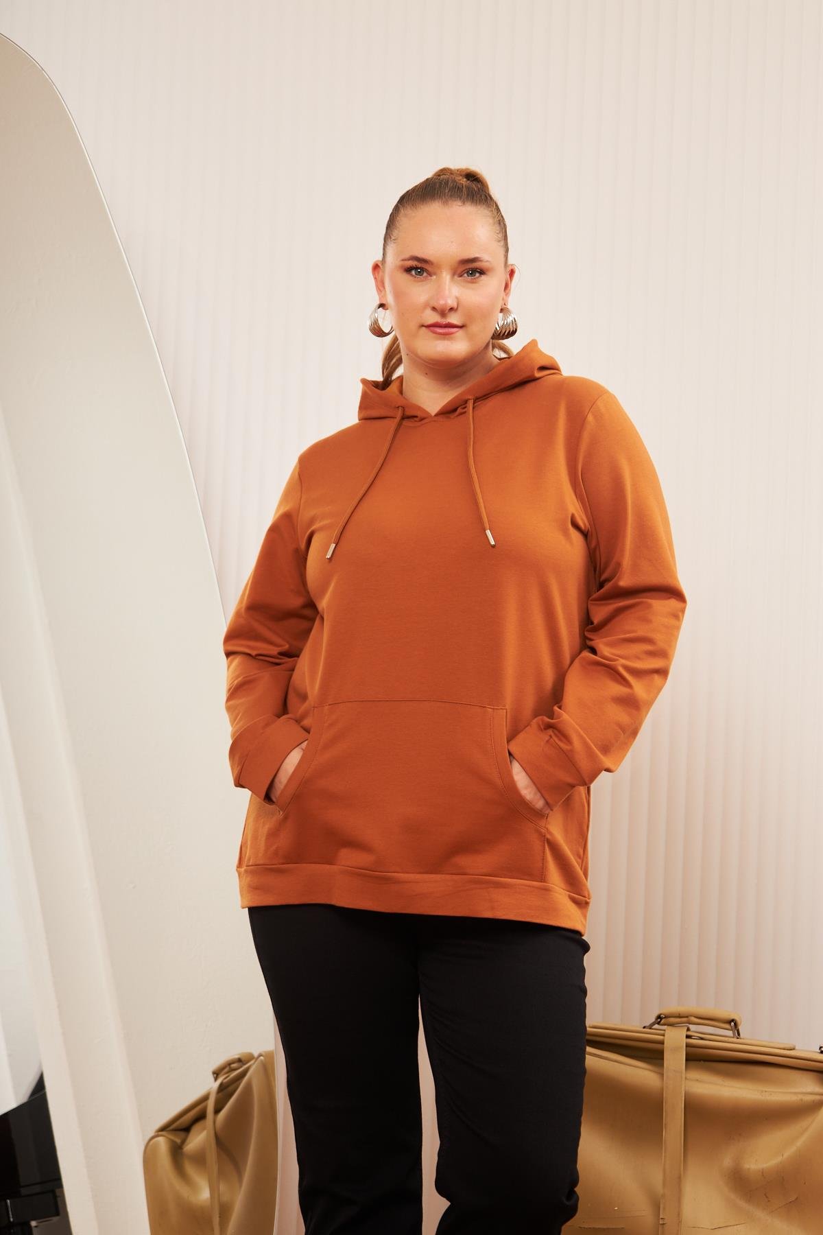 Rmg Kapşonlu Büyük Beden Camel Sweatshirt