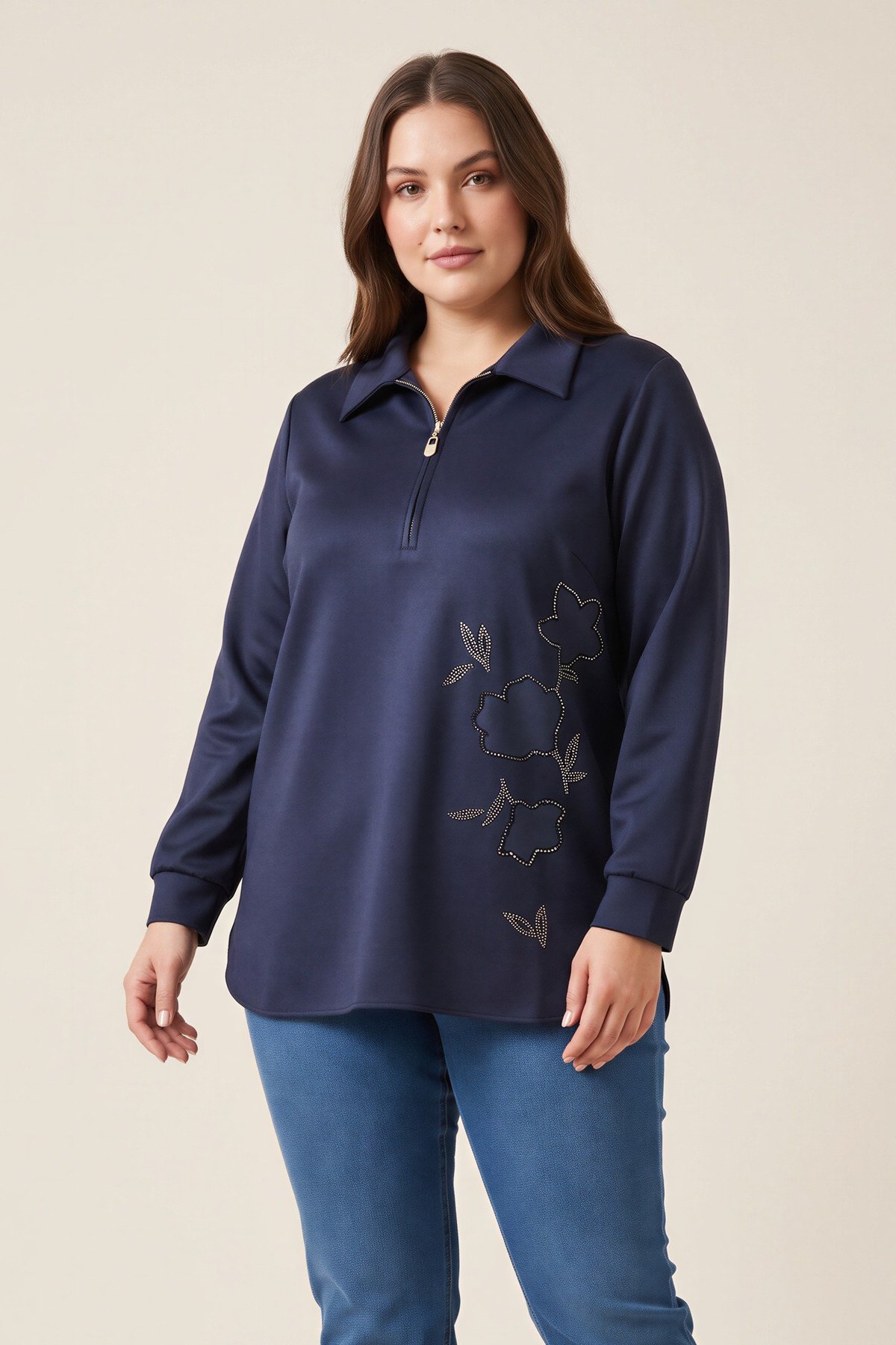Fermuar Yakalı Taş İşlemeli Büyük Beden Modal Sweatshirt Lacivert - RMG