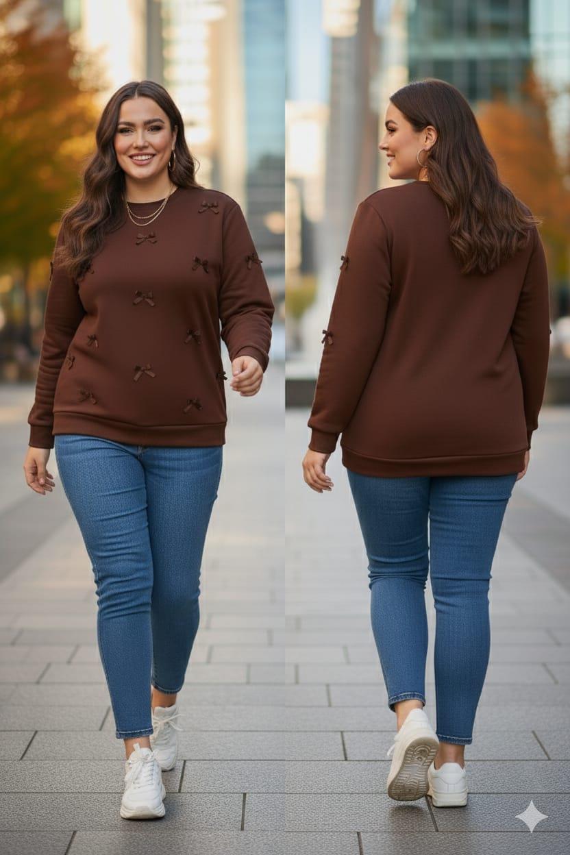 Fiyonk Detaylı Büyük Beden Sweatshirt Kahve
