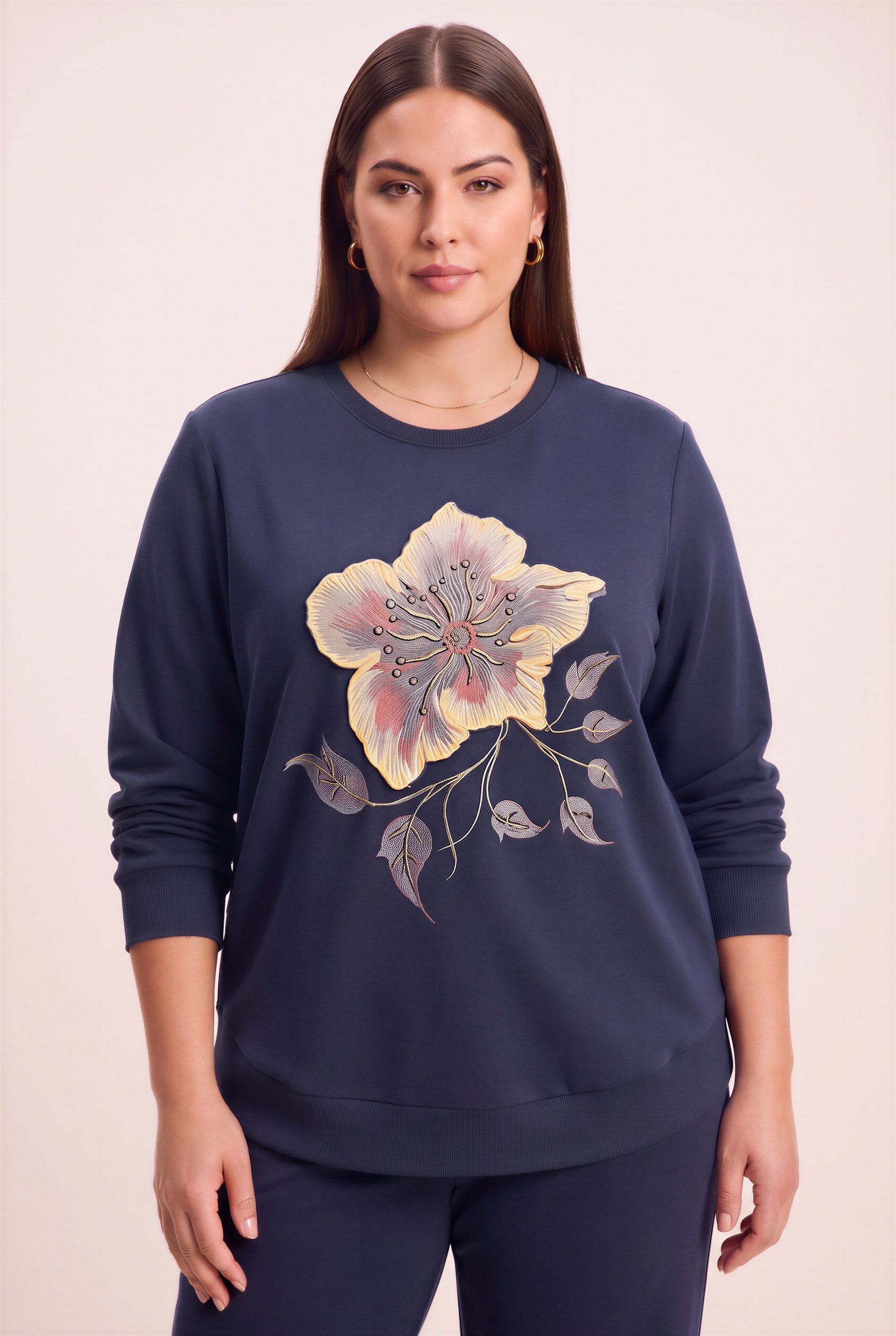 Özel Baskı Detaylı Büyük Beden Örme Modal Sweatshirt Lacivert - RMG