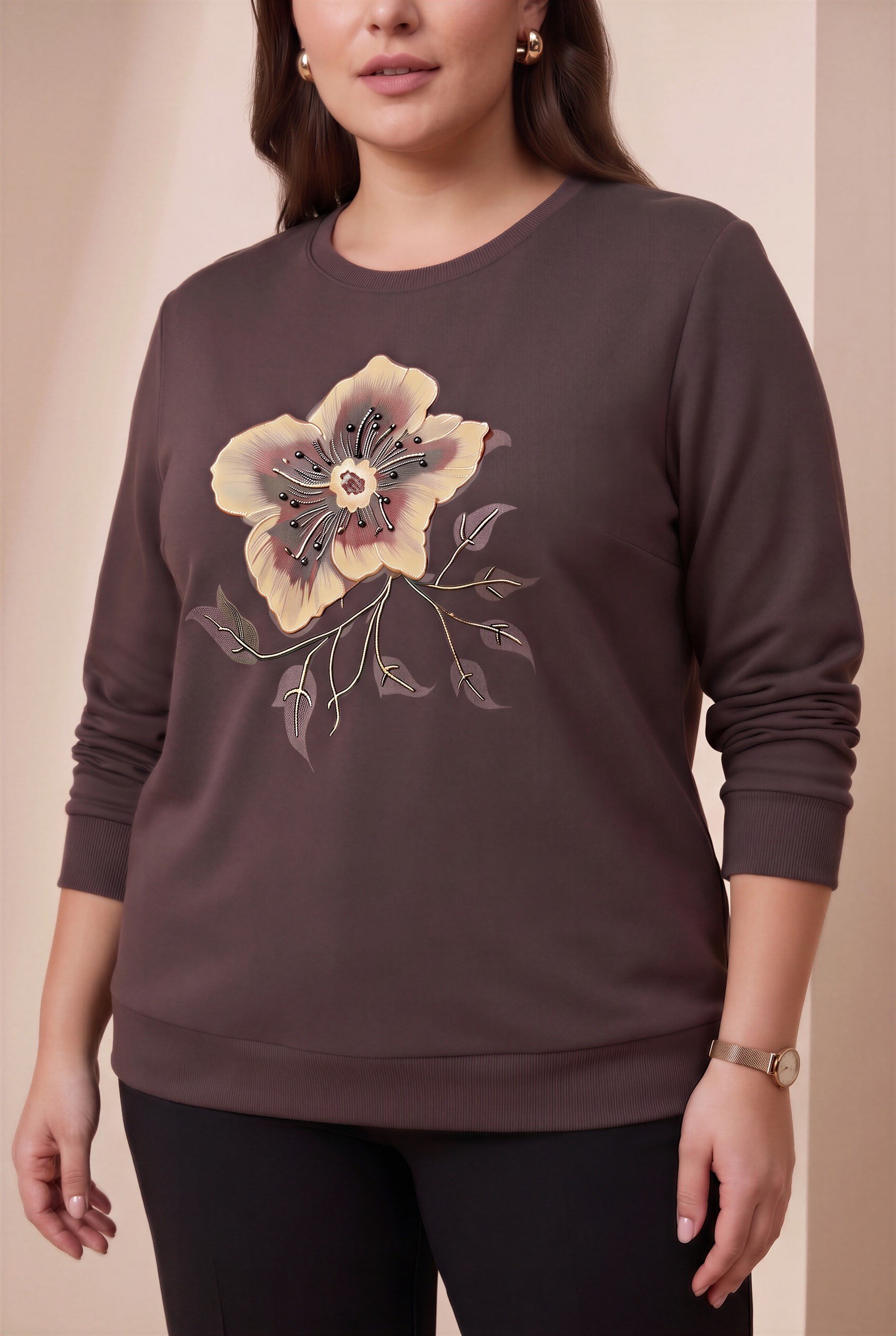 Özel Baskı Detaylı Büyük Beden Örme Modal Sweatshirt Kahve - RMG
