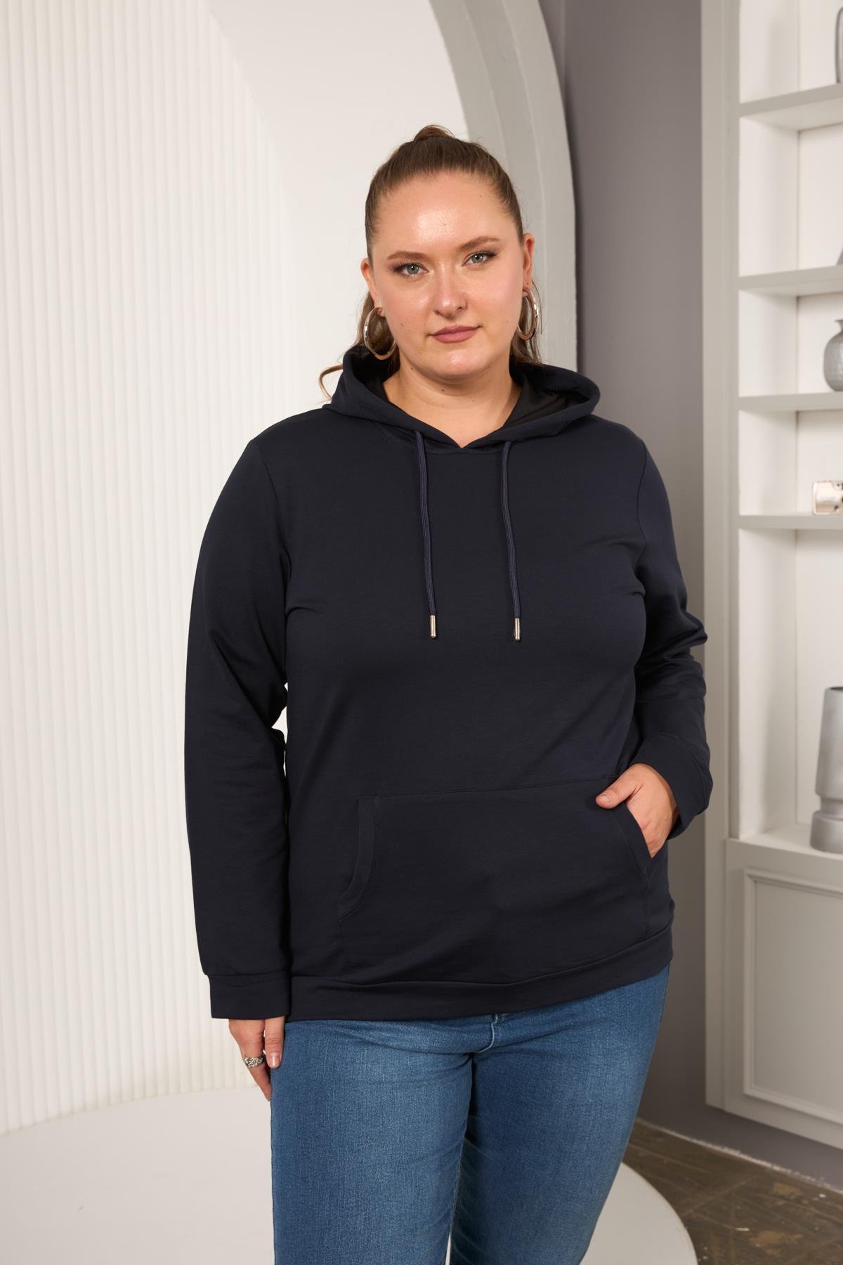 Rmg Kapşonlu Büyük Beden Lacivert Sweatshirt