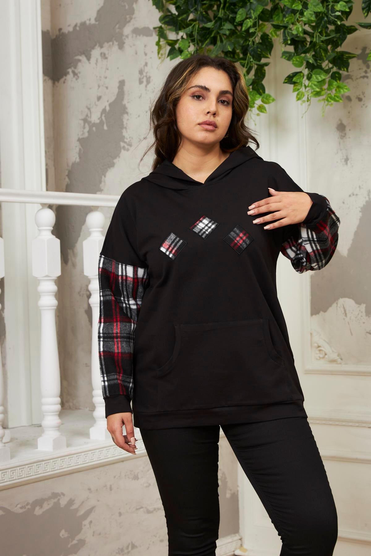 Rmg Kollar Ekose Büyük Beden Siyah Sweatshirt