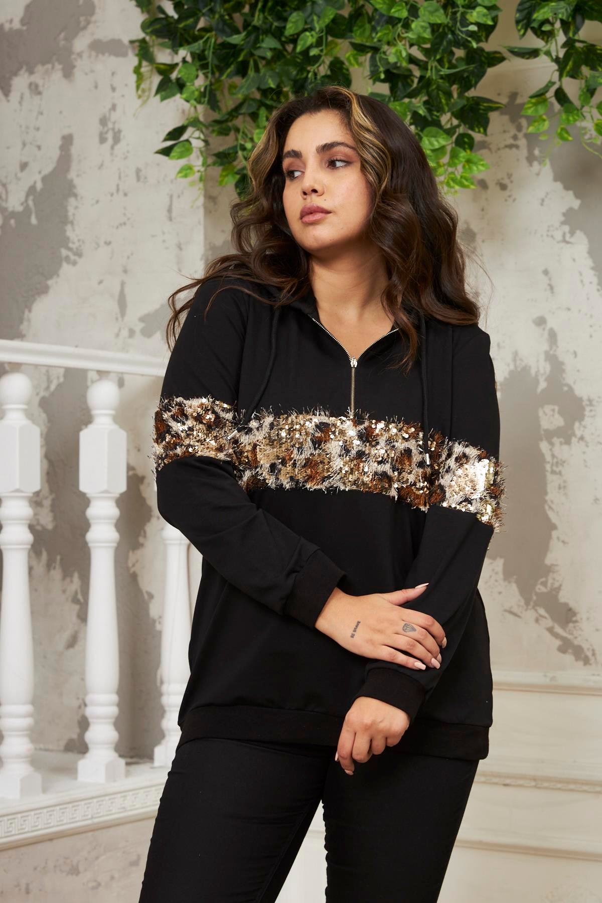 Rmg Pul Payet Detaylı Büyük Beden Kahve Sweatshirt