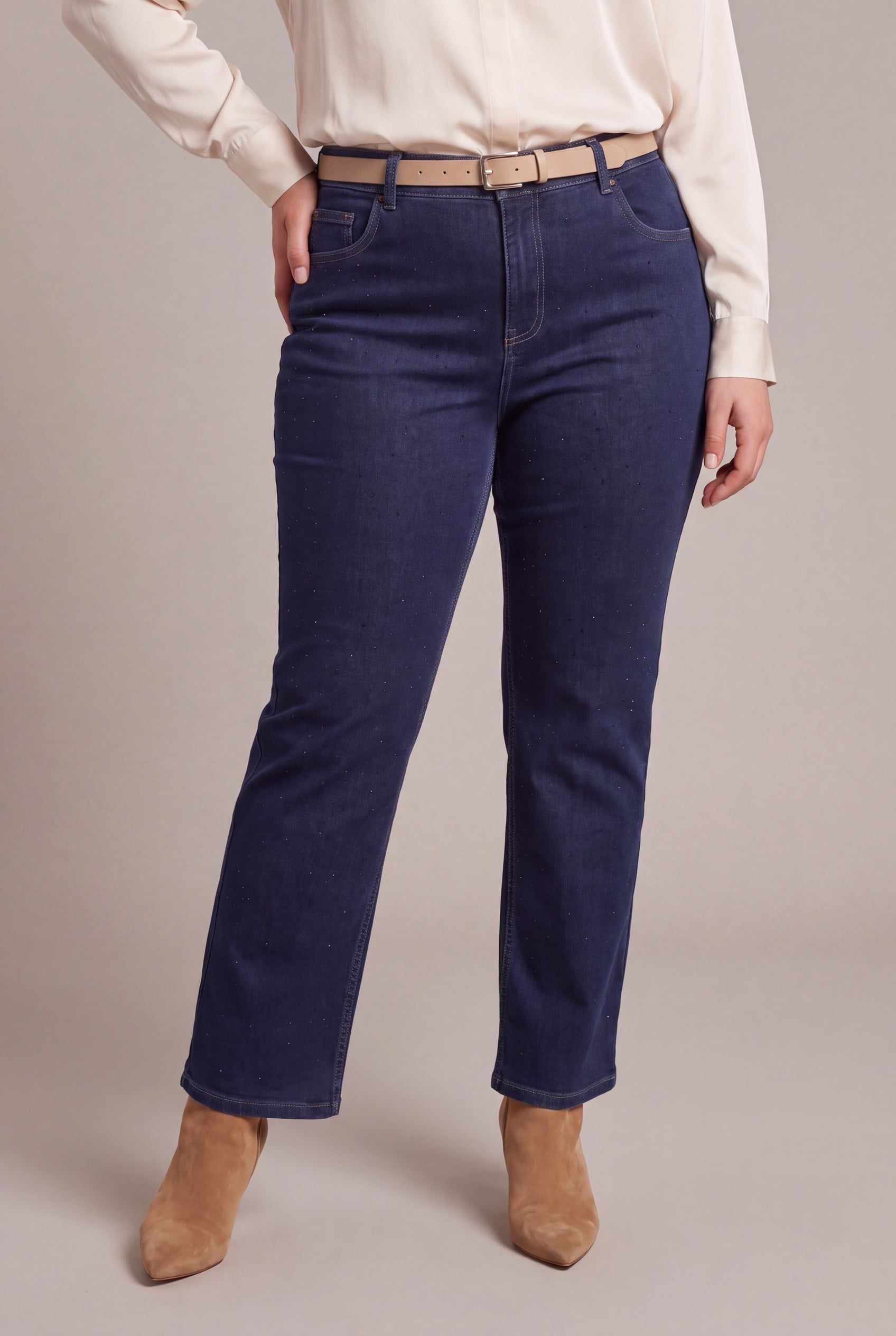 Serpme Taş Detaylı Boru Paça Büyük Beden Denim Pantolon Lacivert - RMG