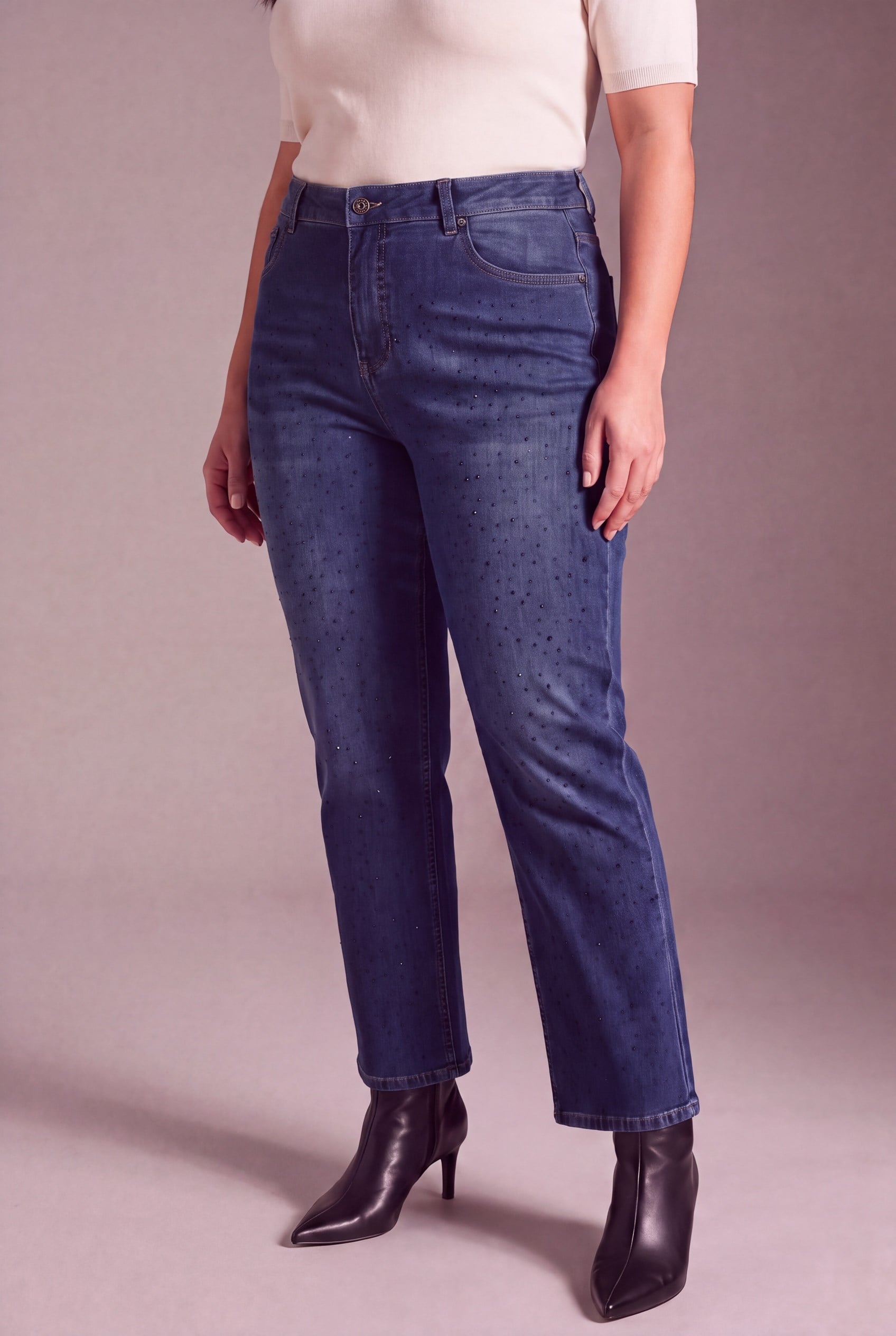 Serpme Taş Detaylı Boru Paça Büyük Beden Denim Pantolon Mavi - RMG