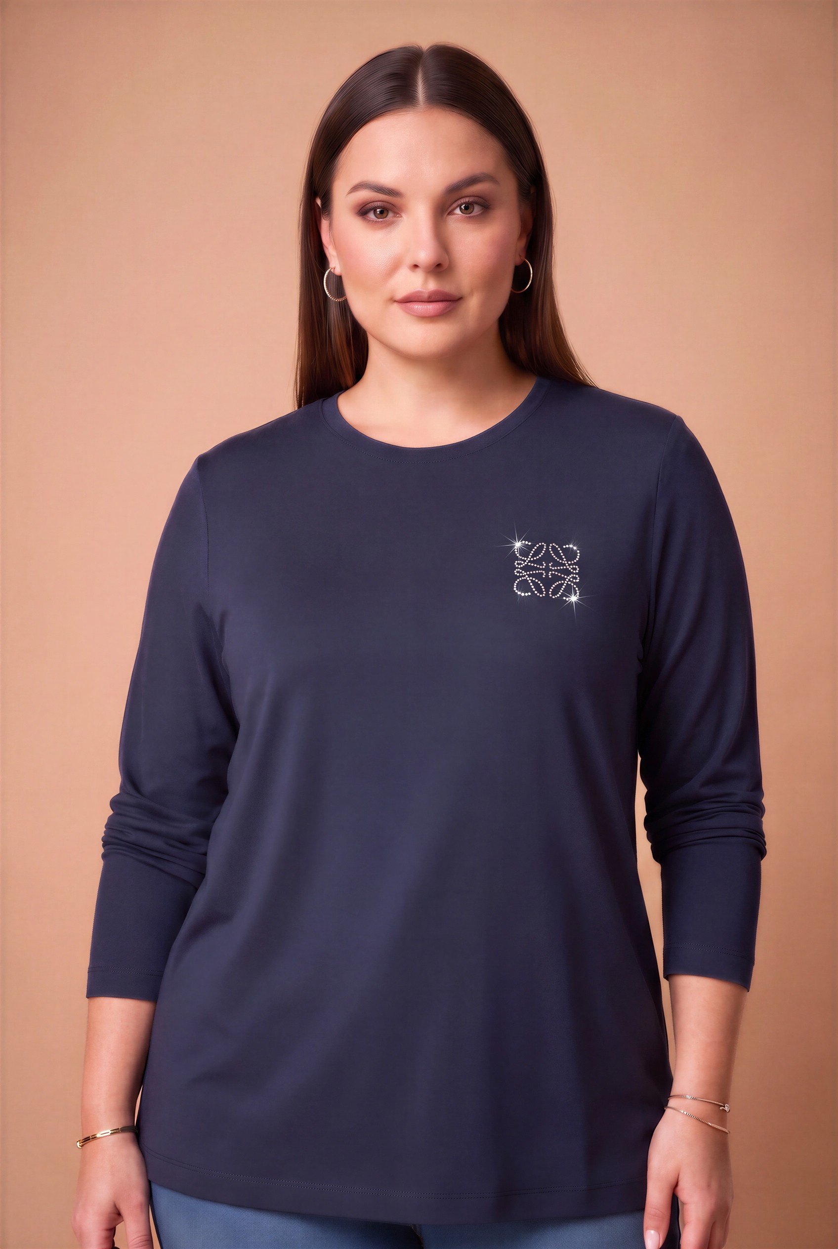 Taş Logolu Modal Büyük Beden Örme Sweatshirt Lacivert - RMG