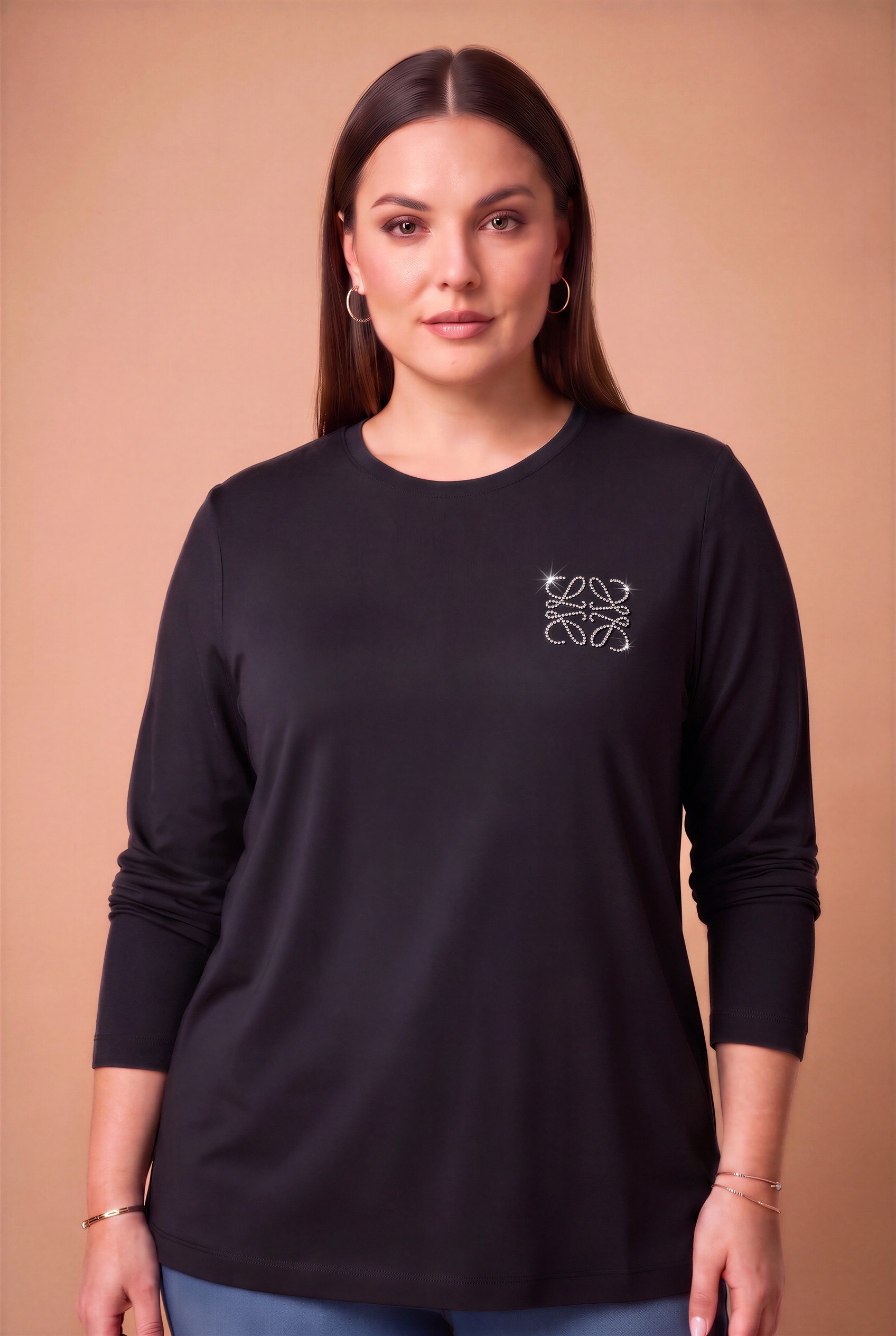 Taş Logolu Modal Büyük Beden Örme Sweatshirt Siyah - RMG