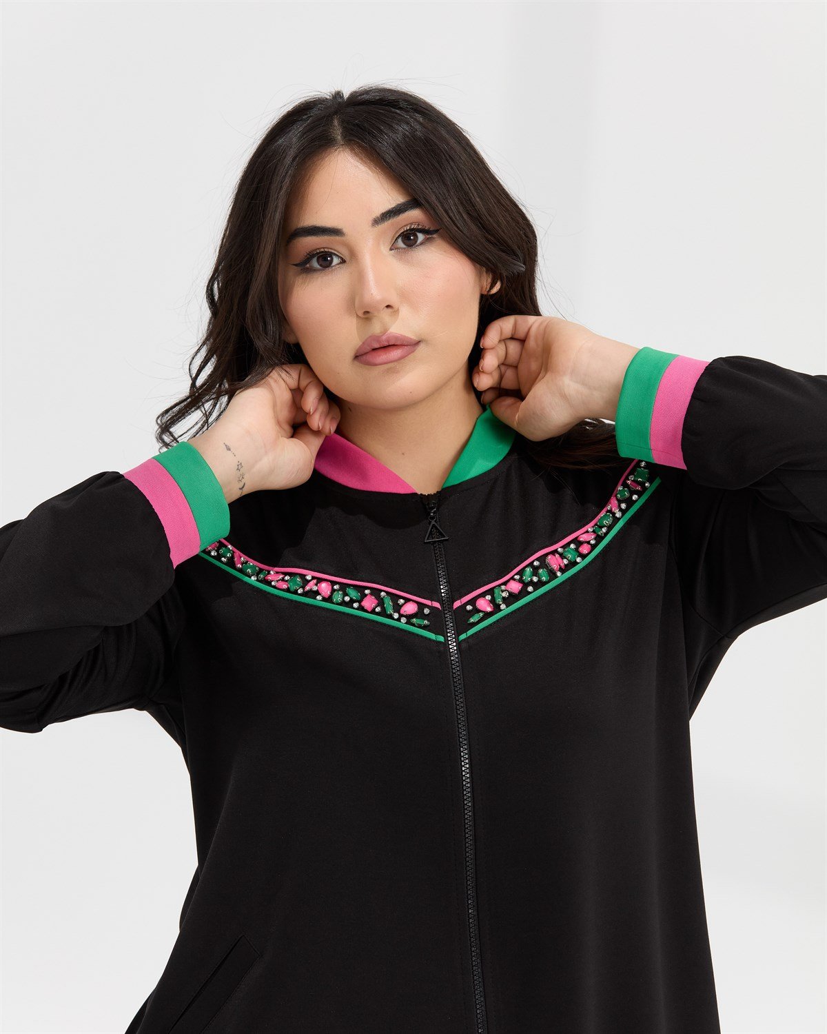 Müsemma Büyük Beden Örme Kumaş Renkli Garni Detaylı Kadın Berrak Kap 22YKAP-MUS0001