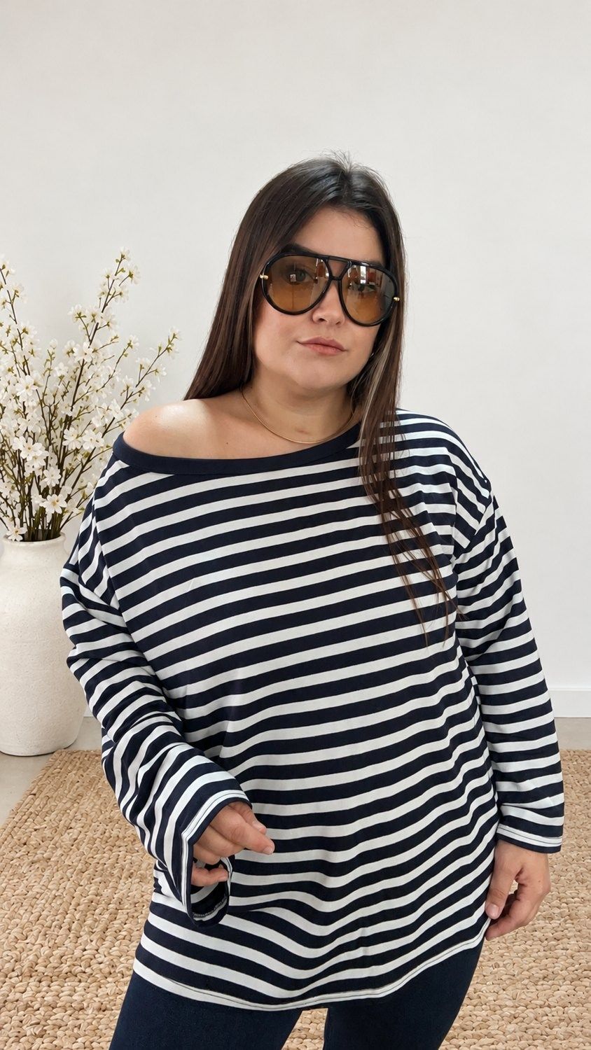 0504- Lacivert Beyaz Stripe Bluz