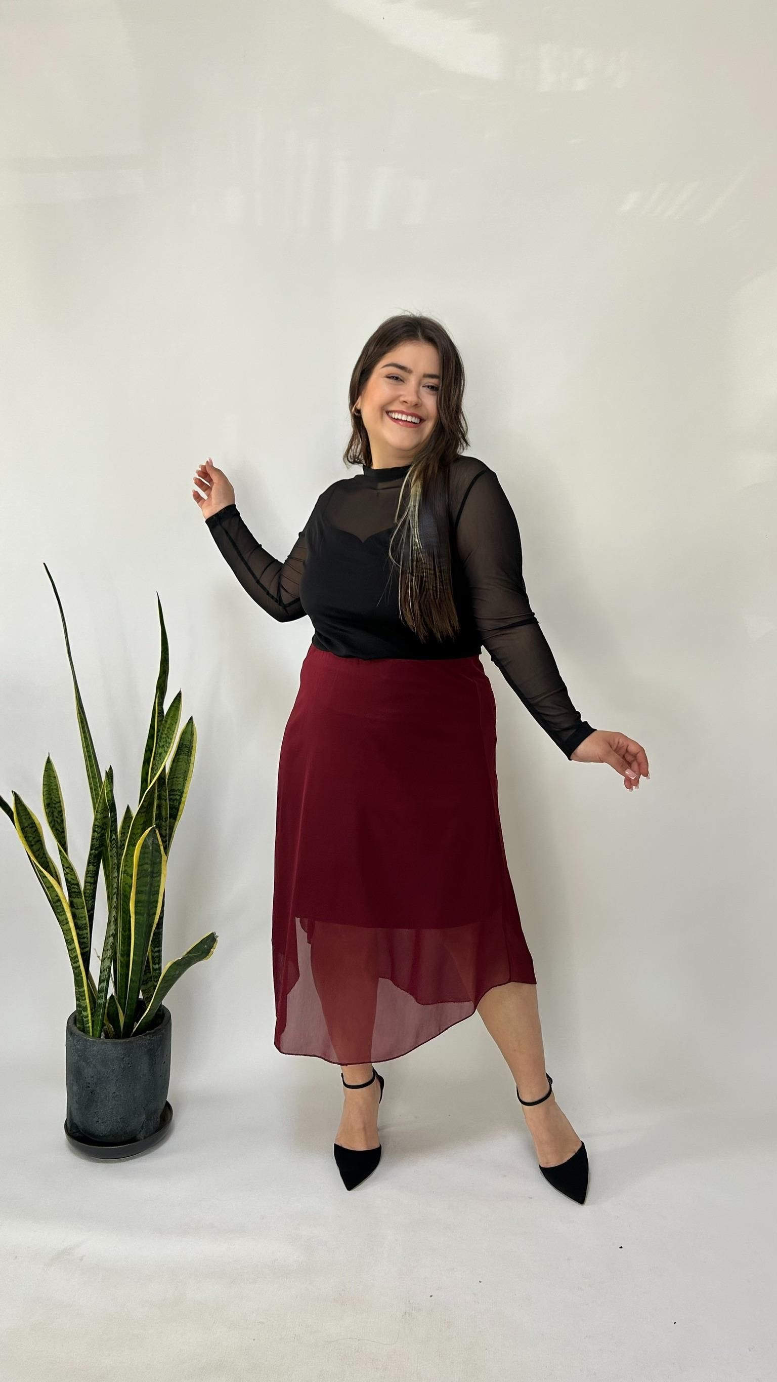 Bordo Astarlı Tül Etek