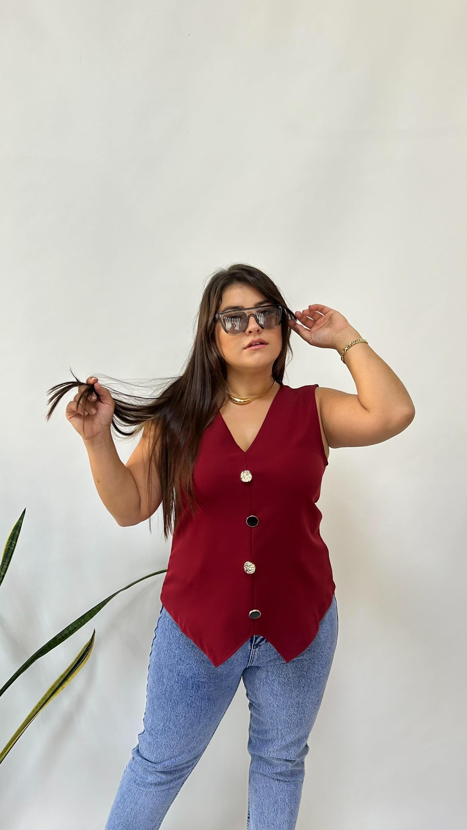 Bordo Yelek Görünümlü Bluz 