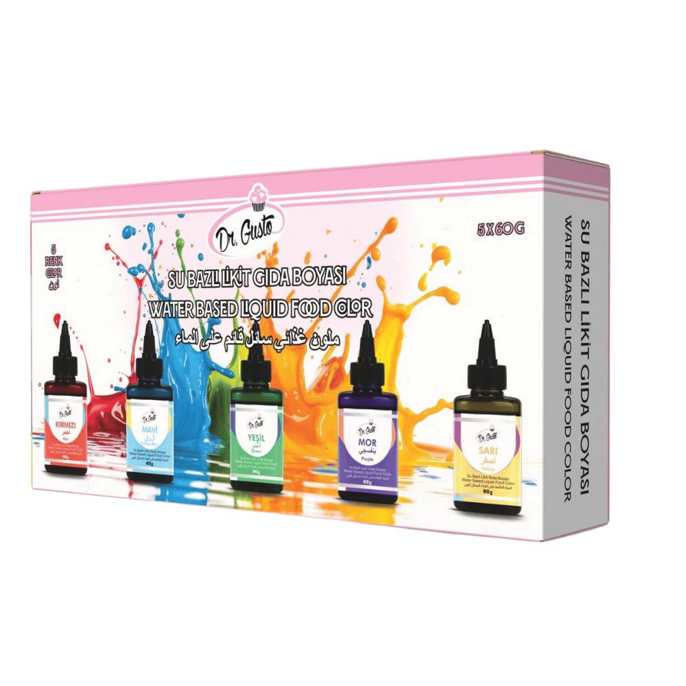 5’li Likit Su Bazlı Gıda Boyası – Sarı, Kırmızı, Mavi, Mor, Yeşil (60 Gr)